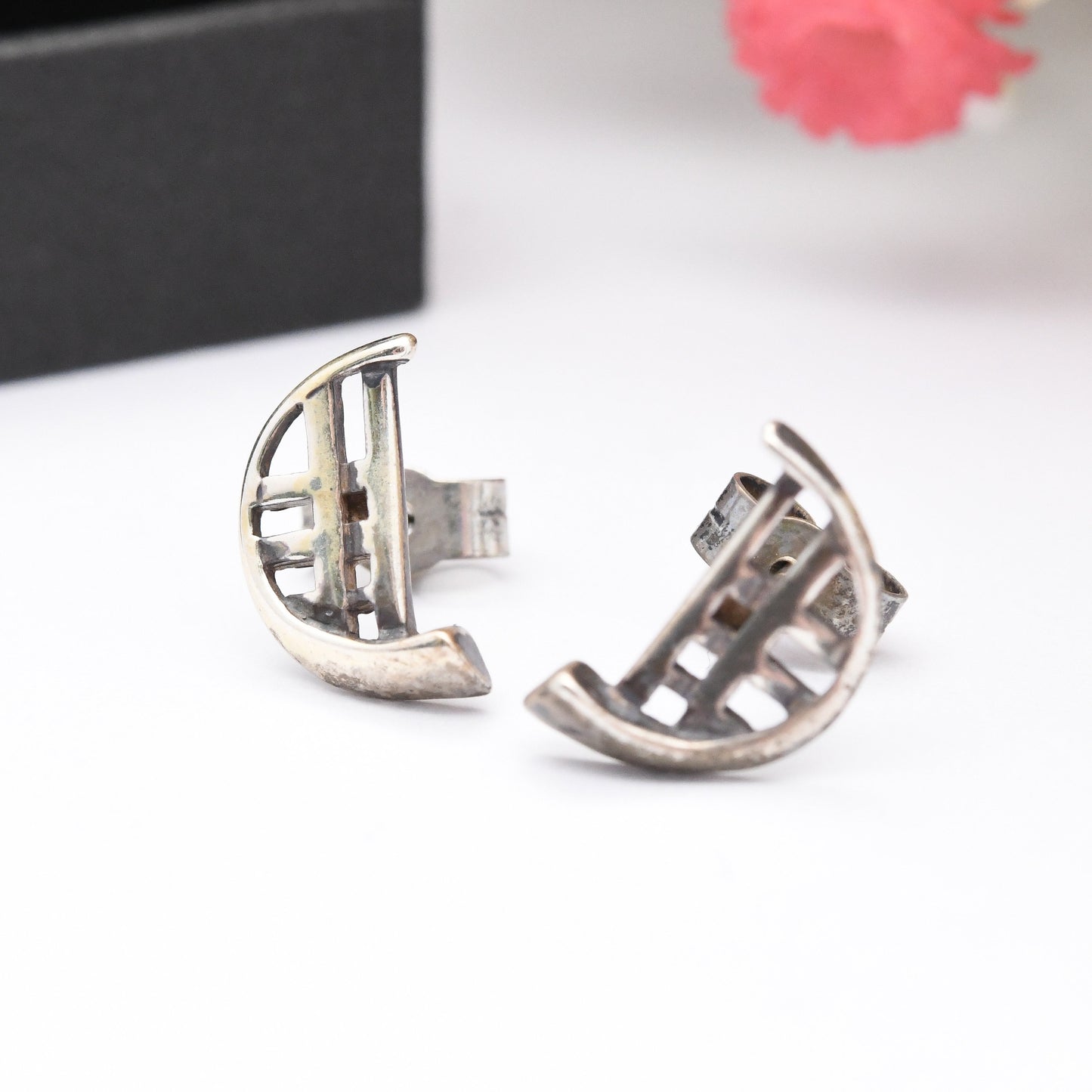 Vintage Carrick Sterling Silver Celtic Stud Earrings - Half Moon C Shape Semi-Circle | Scottish Design in a Mackintosh Box | Gift for Her