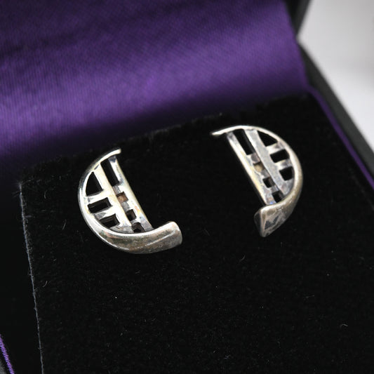 Vintage Carrick Sterling Silver Celtic Stud Earrings - Half Moon C Shape Semi-Circle | Scottish Design in a Mackintosh Box | Gift for Her