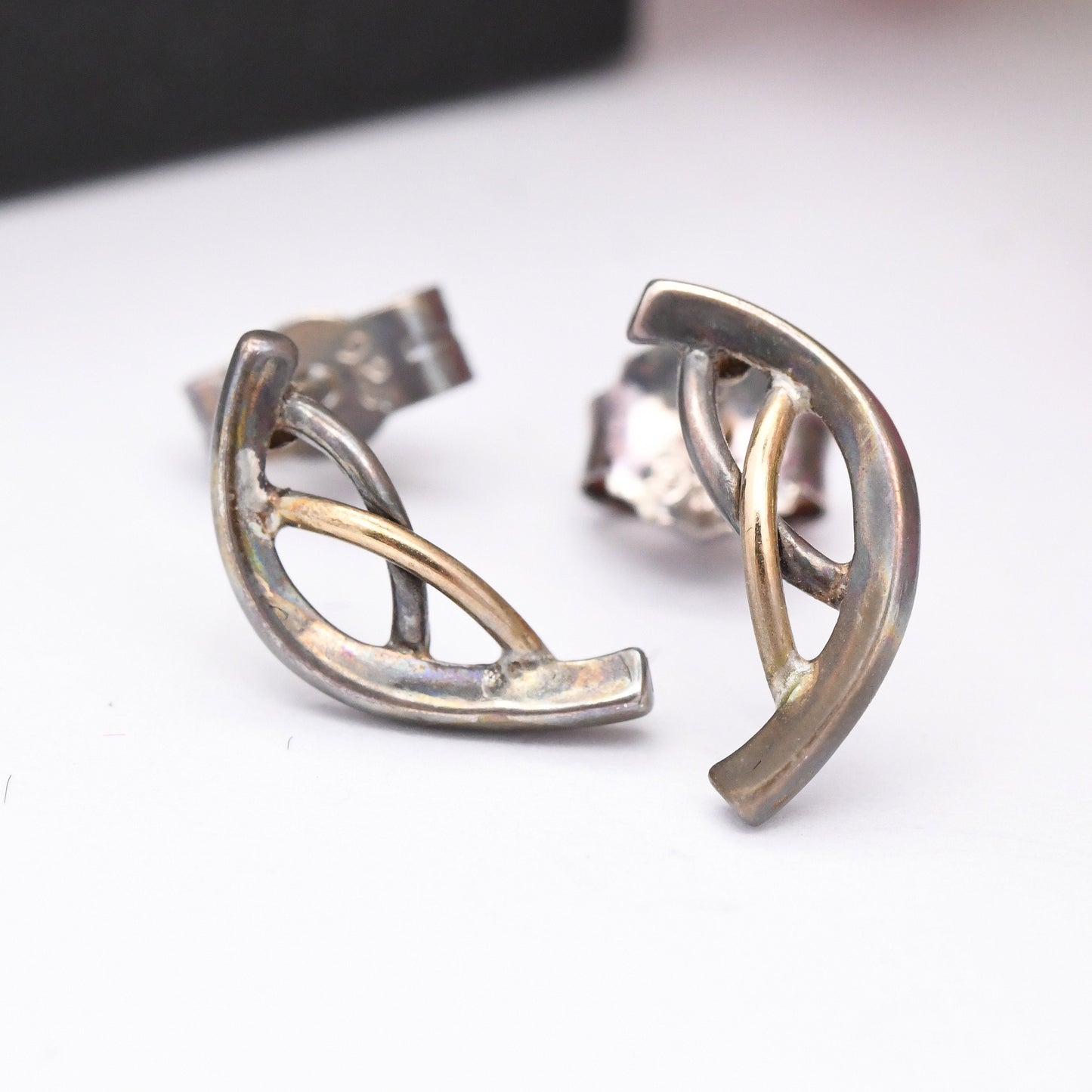 Vintage Carrick Sterling Silver Celtic Twist Stud Earrings - Half Moon C Shape Semicircle | Scottish Design in Mackintosh Box | Gift for Her