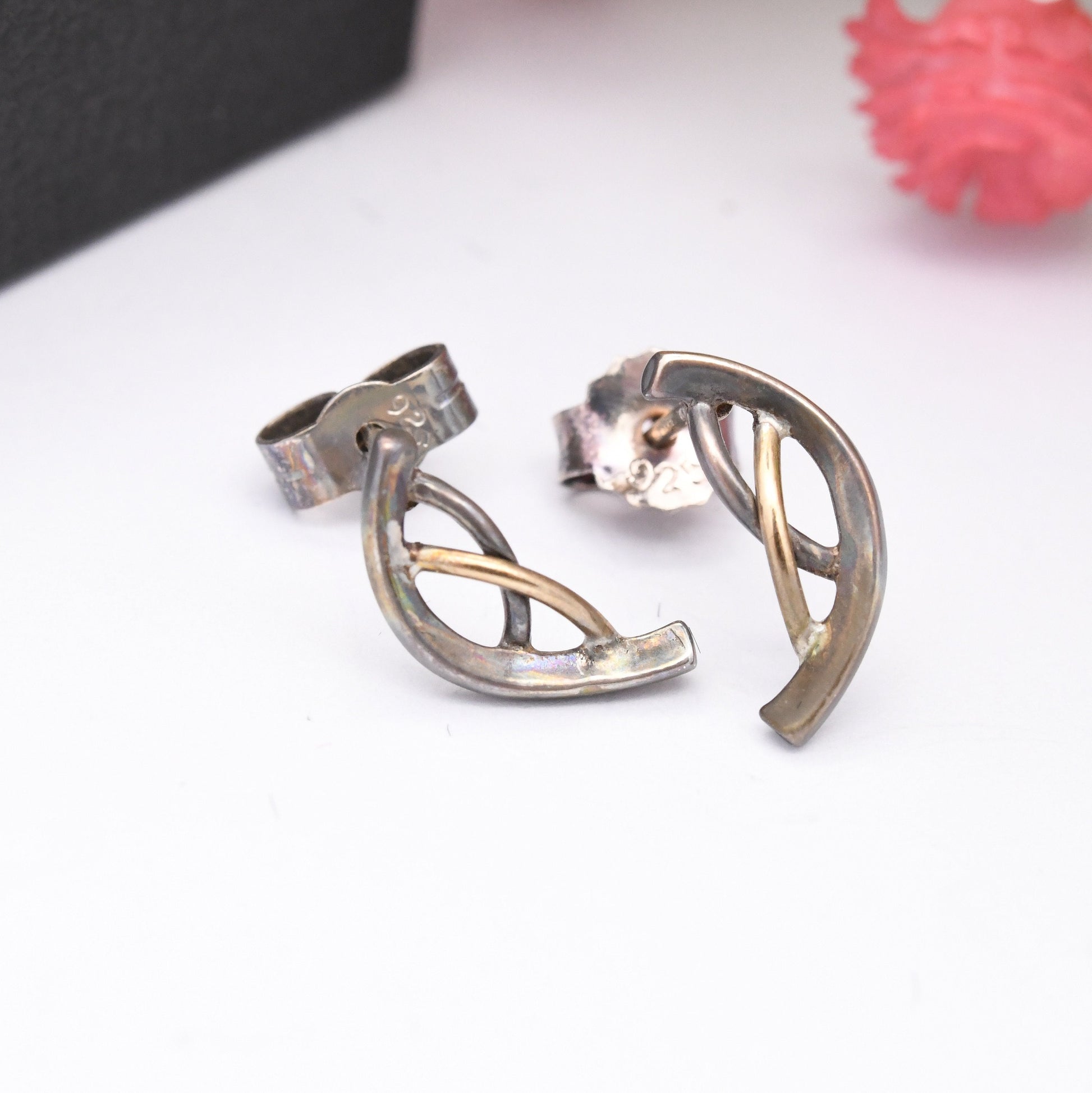 Vintage Carrick Sterling Silver Celtic Twist Stud Earrings - Half Moon C Shape Semicircle | Scottish Design in Mackintosh Box | Gift for Her