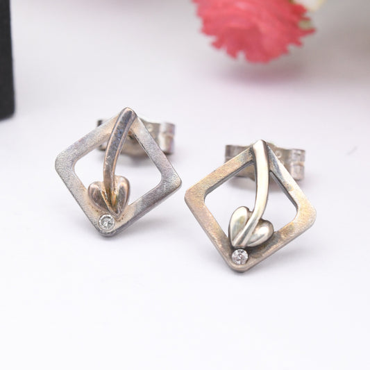 Vintage Carrick Sterling Silver Celtic Stud Earrings - Diamond Shape Heart Leaf with Clear Stone | Scottish Mackintosh Box | Gift for Her