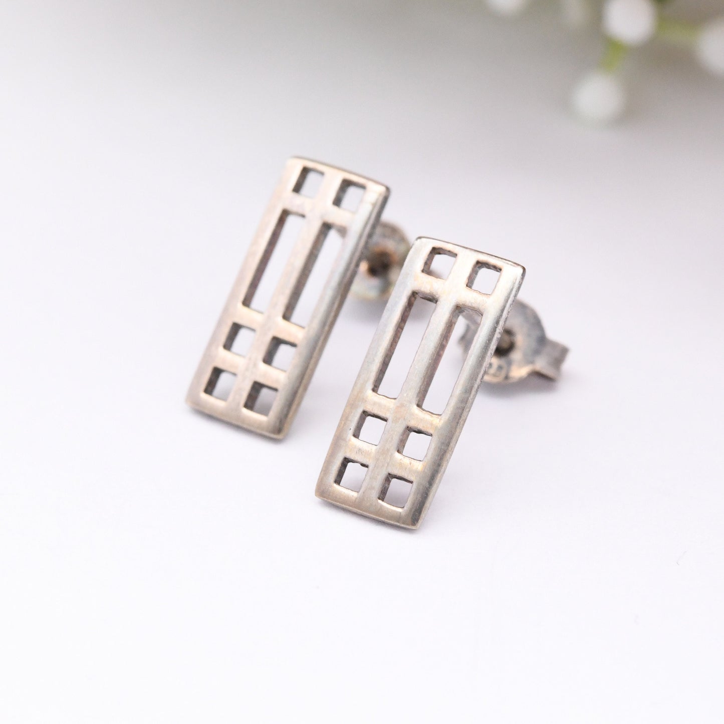 Vintage Kit Heath Sterling Silver Celtic Stud Earrings - Geometric Rectangle | Scottish Design in a Mackintosh Box | Gift for Her