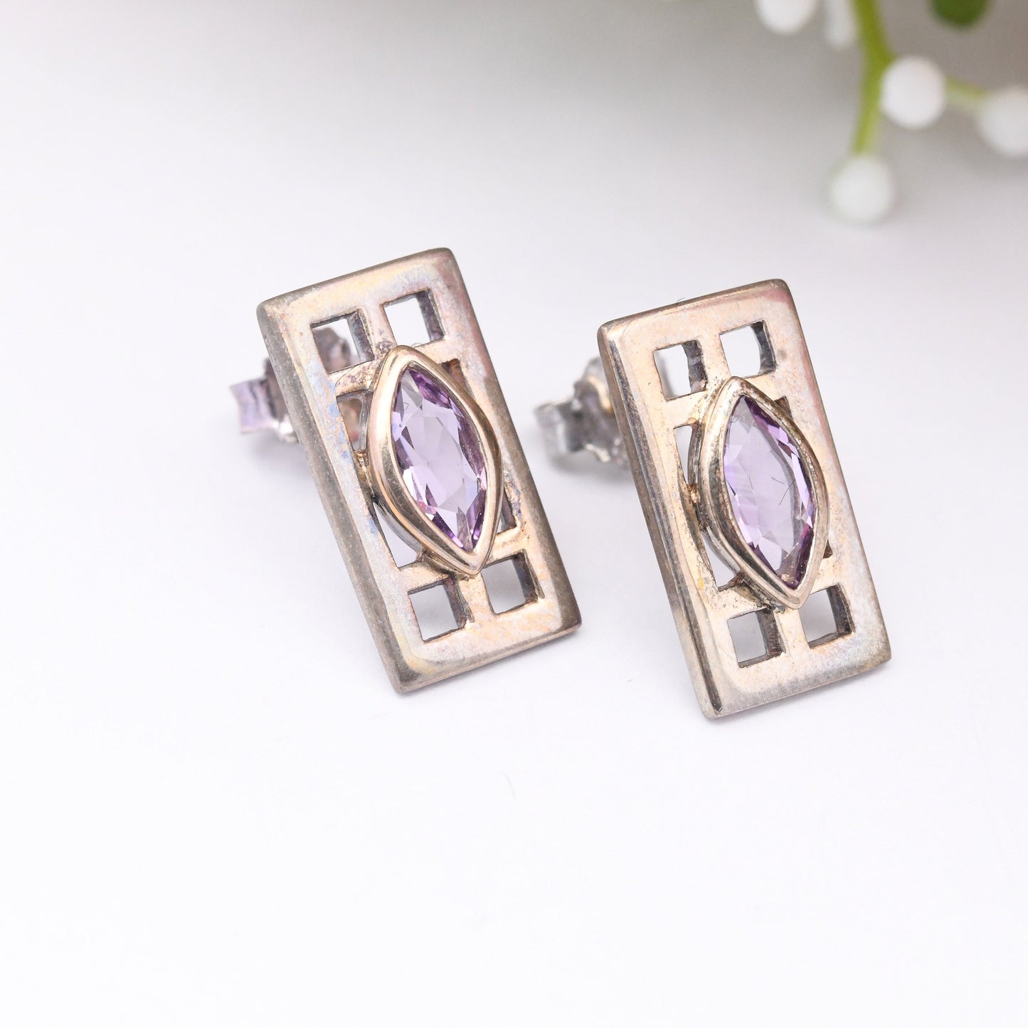 Vintage Kit Heath Amethyst Sterling Silver Celtic Stud Earrings - Marquise Stone in Rectangle | Mackintosh Gift Box | Great British Designer