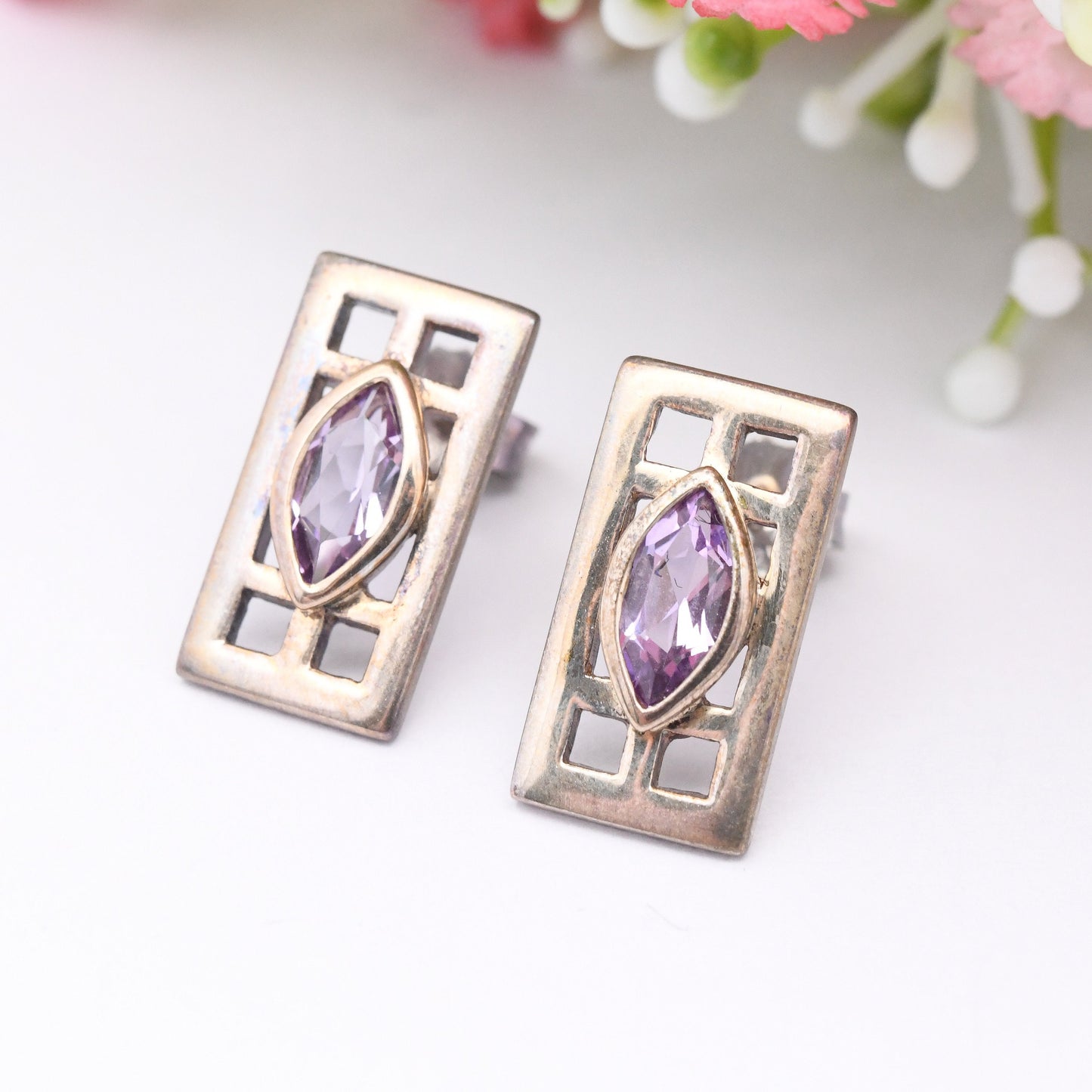 Vintage Kit Heath Amethyst Sterling Silver Celtic Stud Earrings - Marquise Stone in Rectangle | Mackintosh Gift Box | Great British Designer