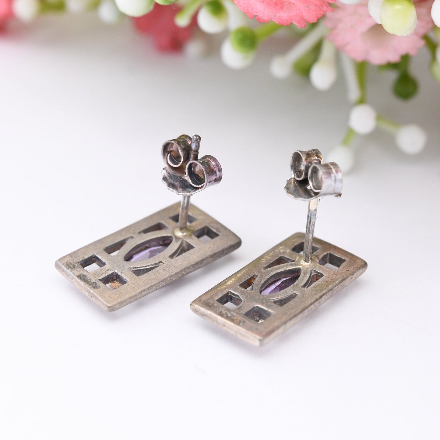Vintage Kit Heath Amethyst Sterling Silver Celtic Stud Earrings - Marquise Stone in Rectangle | Mackintosh Gift Box | Great British Designer