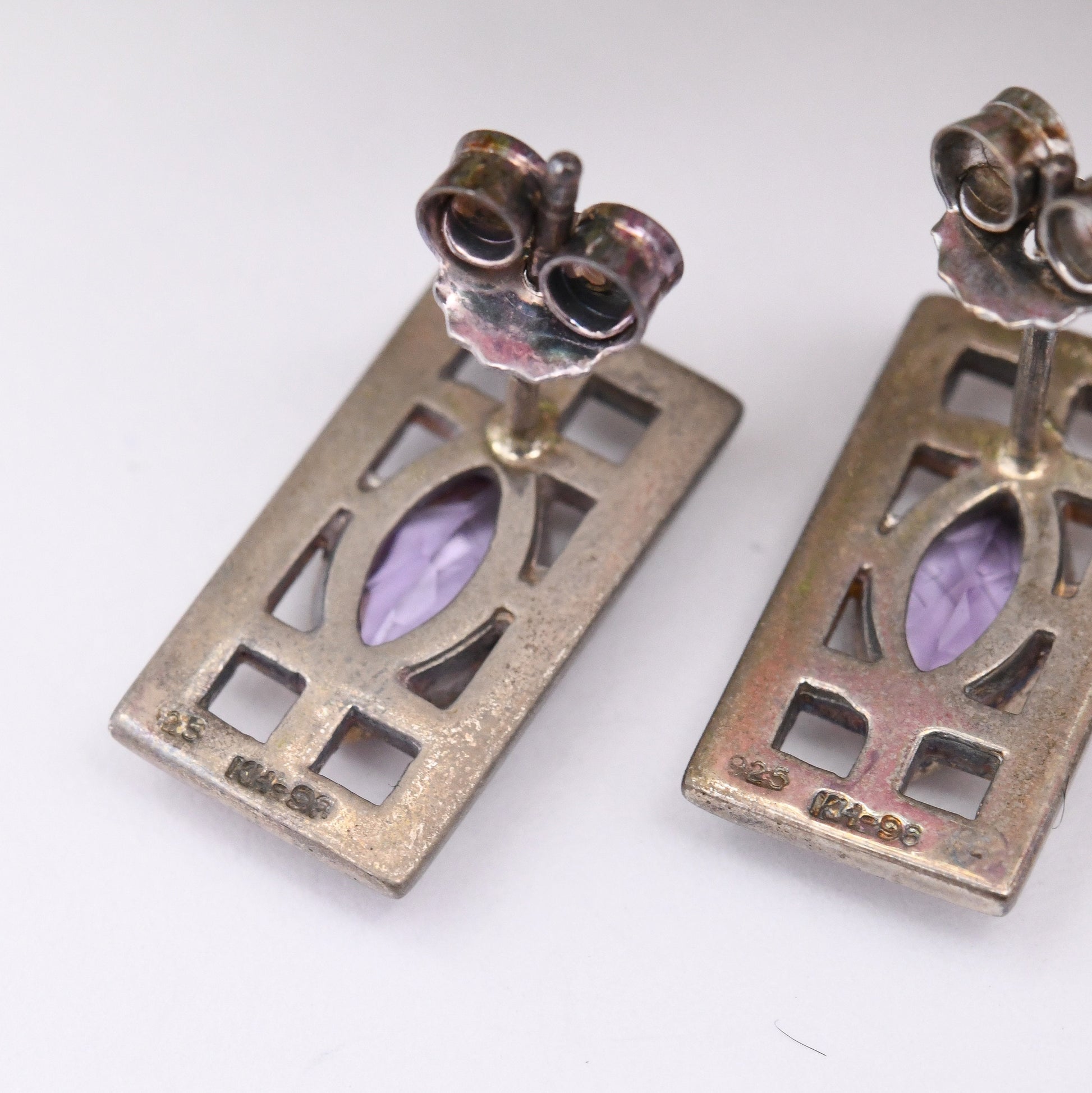 Vintage Kit Heath Amethyst Sterling Silver Celtic Stud Earrings - Marquise Stone in Rectangle | Mackintosh Gift Box | Great British Designer