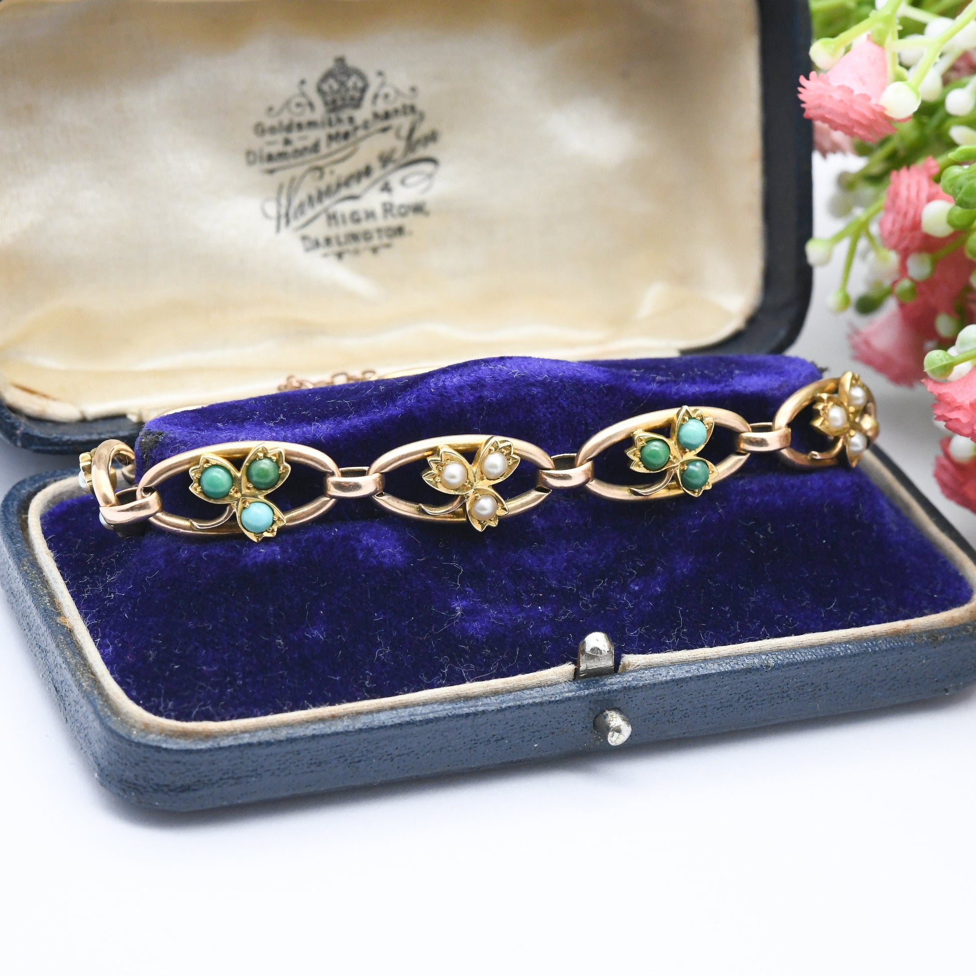 Antique Victorian 15ct Gold Bracelet with Turquoise and Pearl Three Leaf Clover Design - Lucky Symbol Good Luck Jewellery | Tulip Leaf