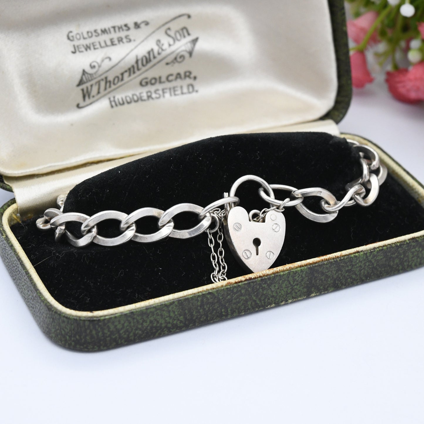 Vintage Sterling Silver Heart Padlock Clasp Chain Bracelet 1977 - Chunky Curb Links with Safety Chain | for Charms