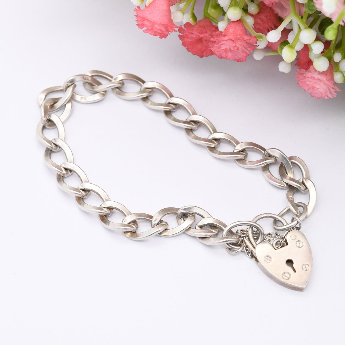 Vintage Sterling Silver Heart Padlock Clasp Chain Bracelet 1977 - Chunky Curb Links with Safety Chain | for Charms