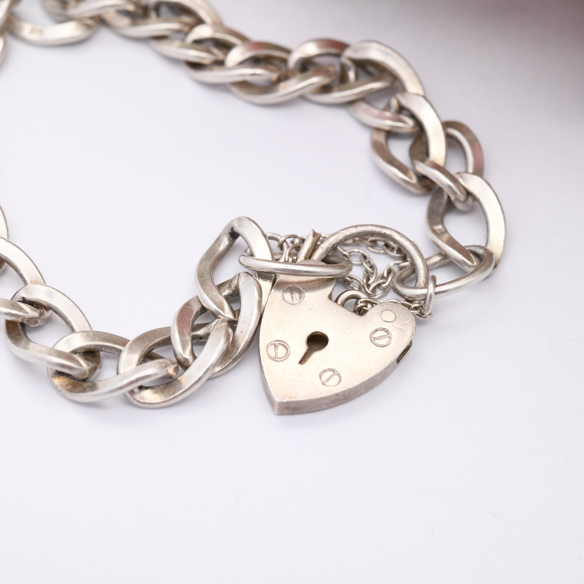 Vintage Sterling Silver Heart Padlock Clasp Chain Bracelet 1977 - Chunky Curb Links with Safety Chain | for Charms