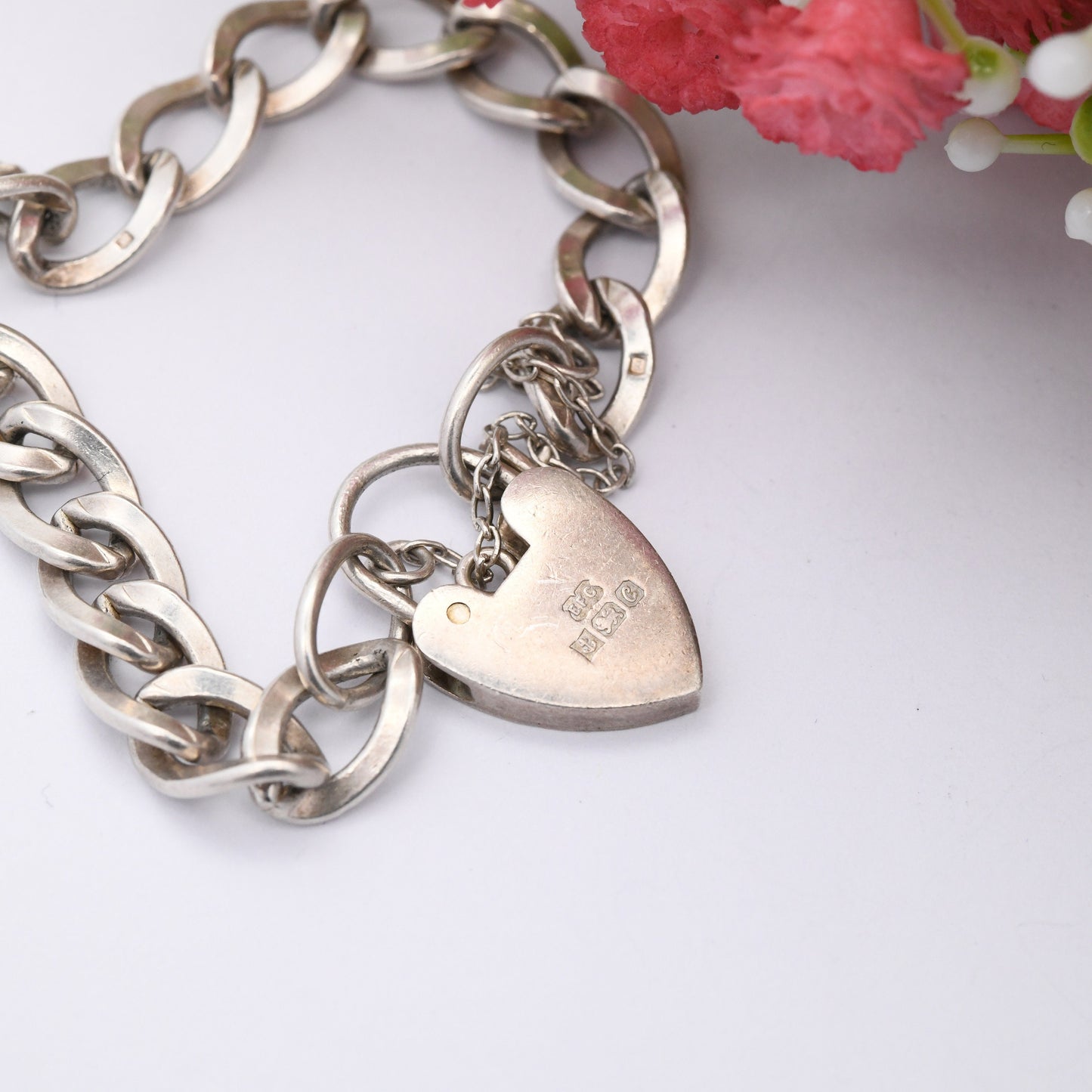 Vintage Sterling Silver Heart Padlock Clasp Chain Bracelet 1977 - Chunky Curb Links with Safety Chain | for Charms