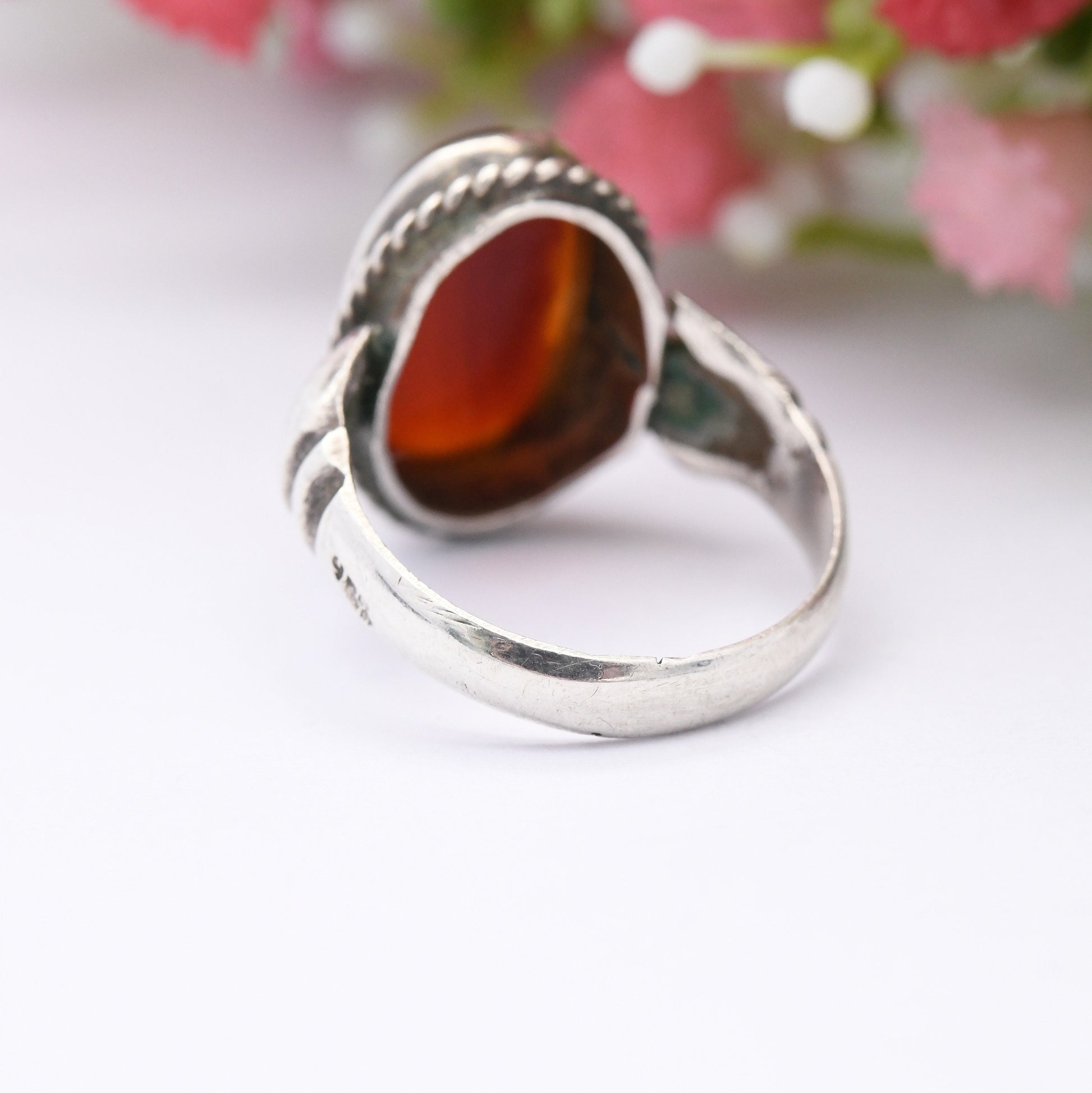 Vintage Silver Carnelian Ring with Hand Shoulders - Chunky Mid-Century Modernist | Red Stone Statement | UK Size - P | US Size - 7 1/2