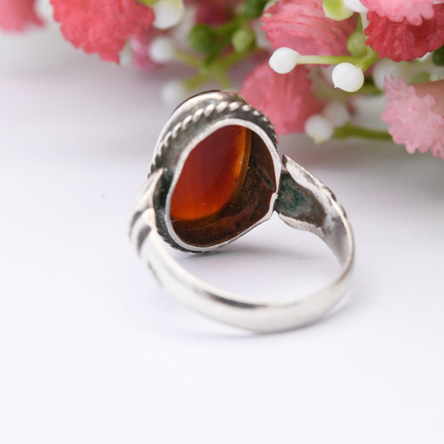 Vintage Silver Carnelian Ring with Hand Shoulders - Chunky Mid-Century Modernist | Red Stone Statement | UK Size - P | US Size - 7 1/2