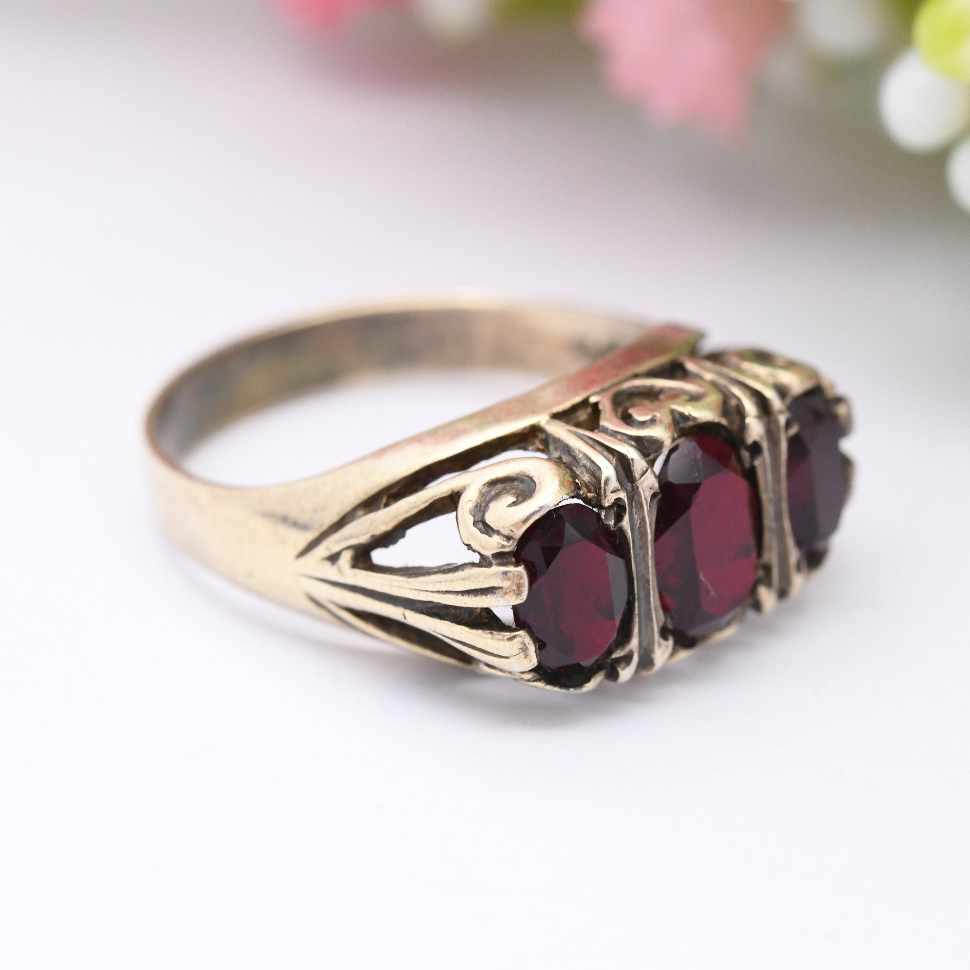 Vintage Sterling Silver Garnet Three Stone Ring - Mid-Century Victorian Revival | Gold Tone | UK Size - O | US Size - 7