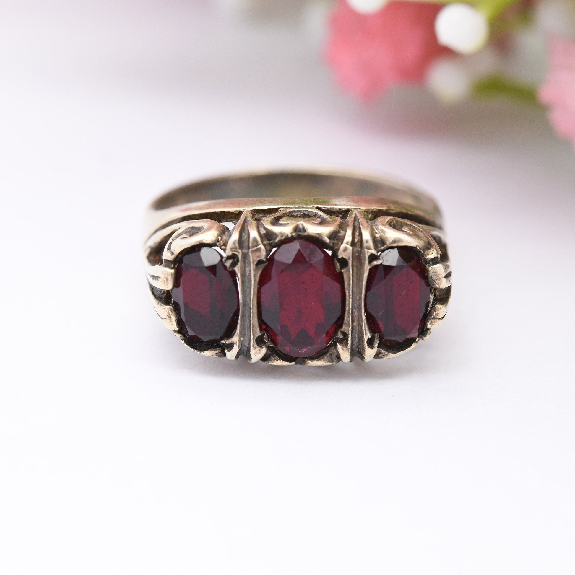 Vintage Sterling Silver Garnet Three Stone Ring - Mid-Century Victorian Revival | Gold Tone | UK Size - O | US Size - 7