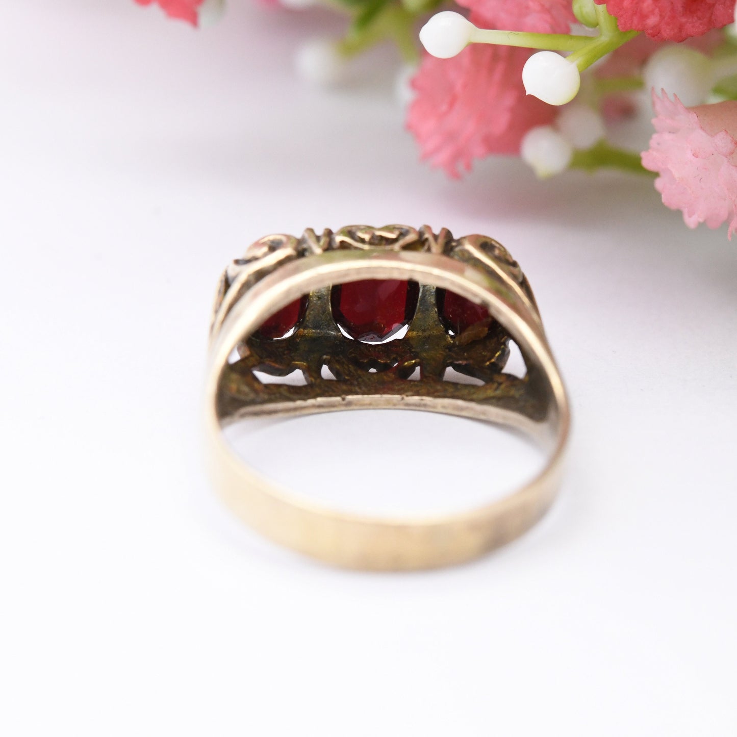 Vintage Sterling Silver Garnet Three Stone Ring - Mid-Century Victorian Revival | Gold Tone | UK Size - O | US Size - 7