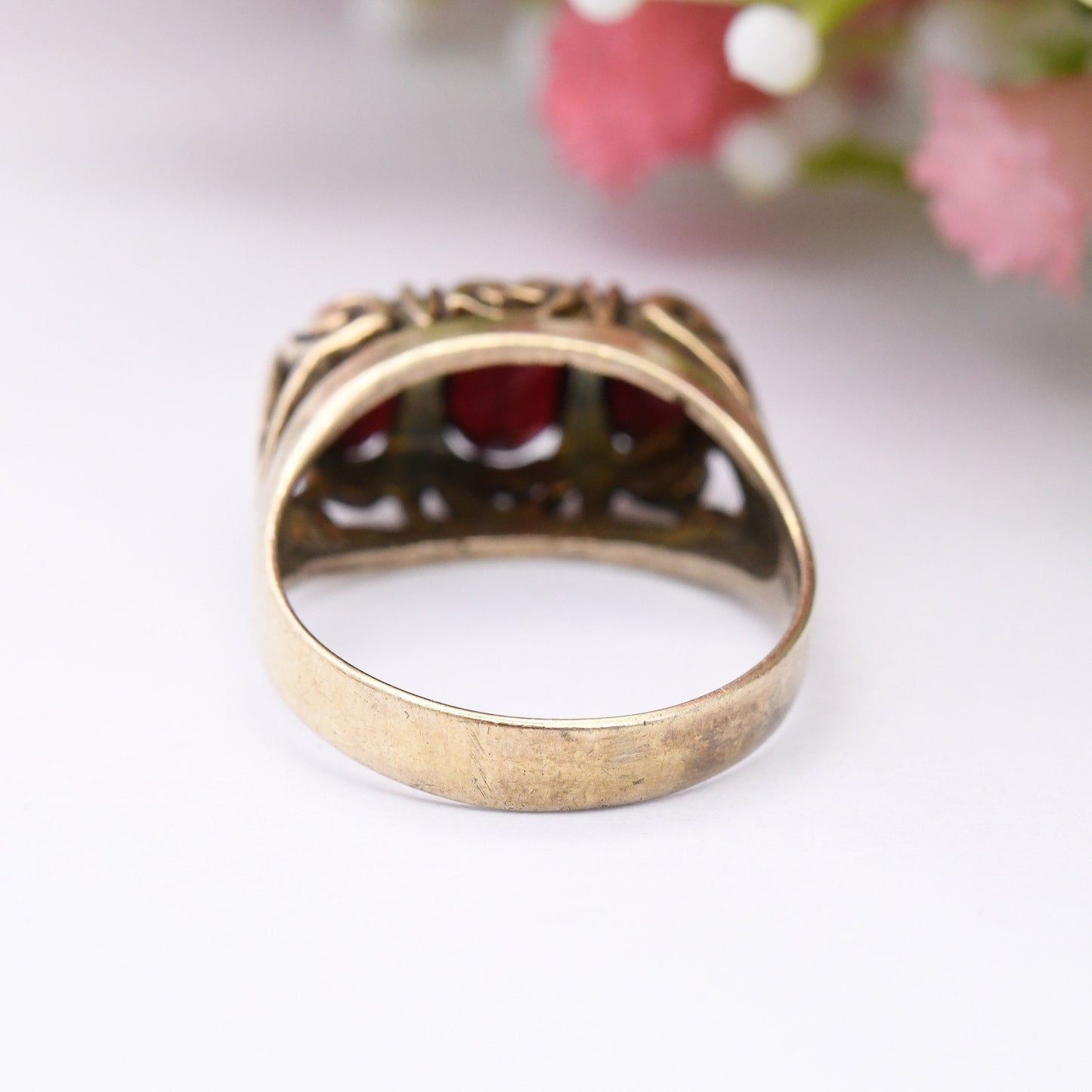 Vintage Sterling Silver Garnet Three Stone Ring - Mid-Century Victorian Revival | Gold Tone | UK Size - O | US Size - 7