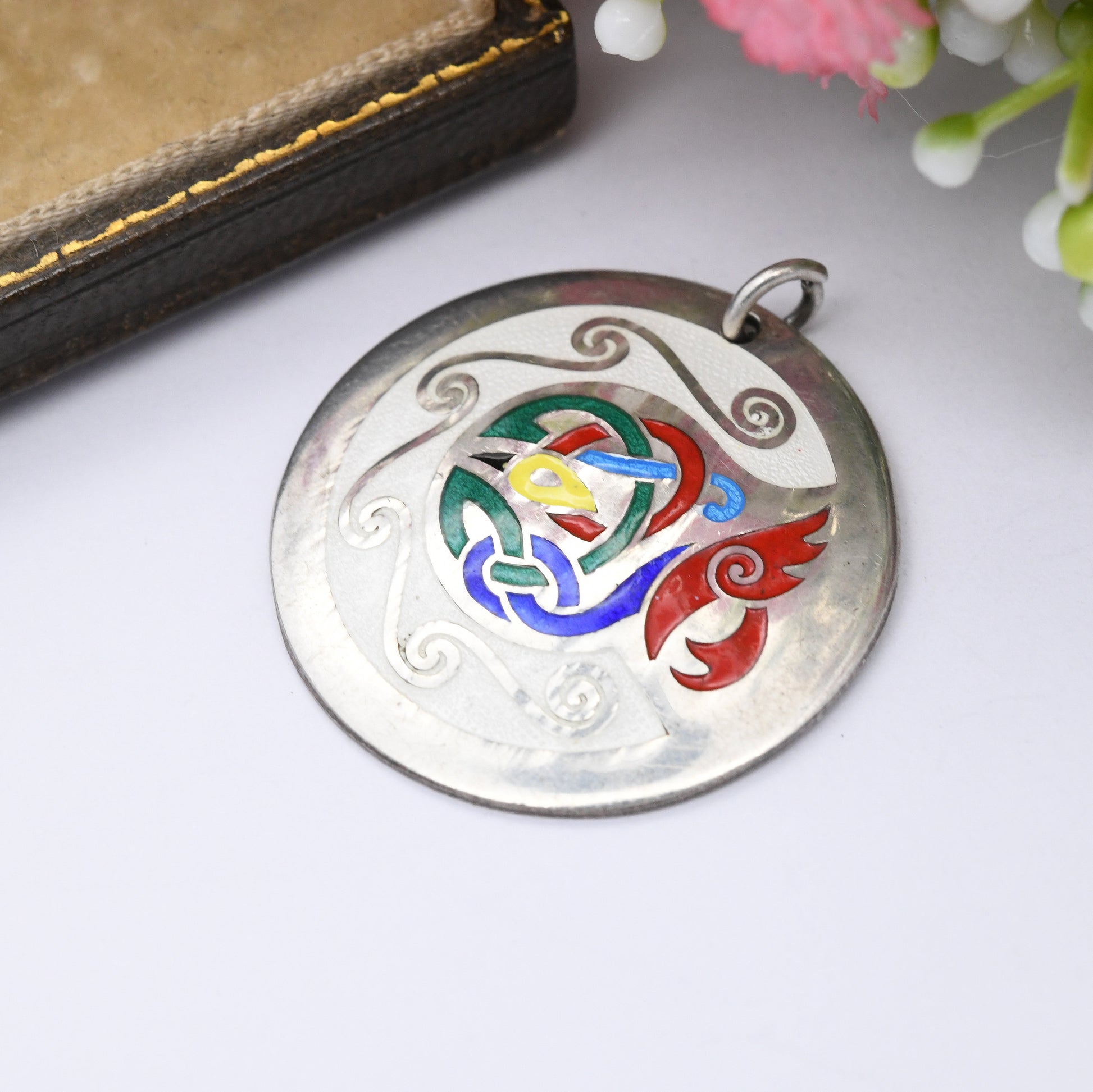 Vintage Irish Sterling Silver Pendant Necklace Tara Ware Book of Kells 1981 - Bright Colourful Enamel