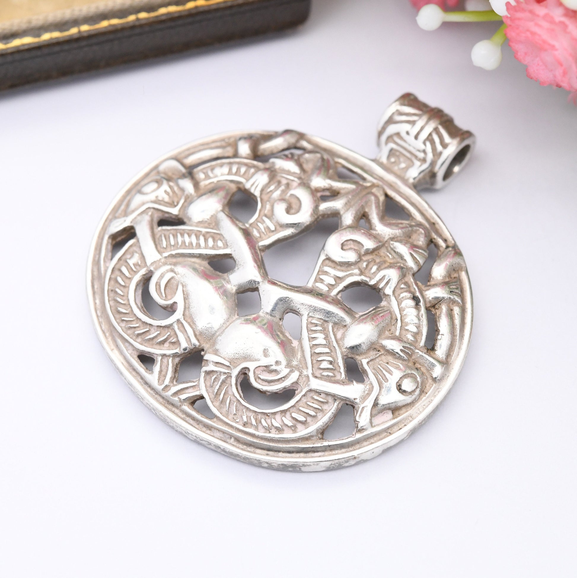 Vintage Sterling Silver Celtic Pendant - Viking Jewellery | Sea Dragon | Large Statement Pendant Necklace