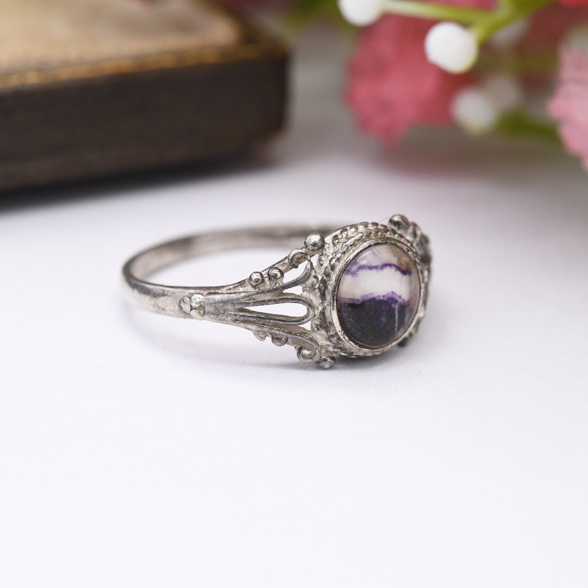 Vintage Sterling Silver Blue John Ring - Ornate Shoulders | UK Size - L 1/2 | US Size - 6