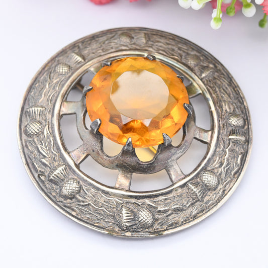 Vintage Scottish Thistle Brooch - Oversized Celtic Circle with Large Citrine Paste | Statement Jewellery | Silver Tone