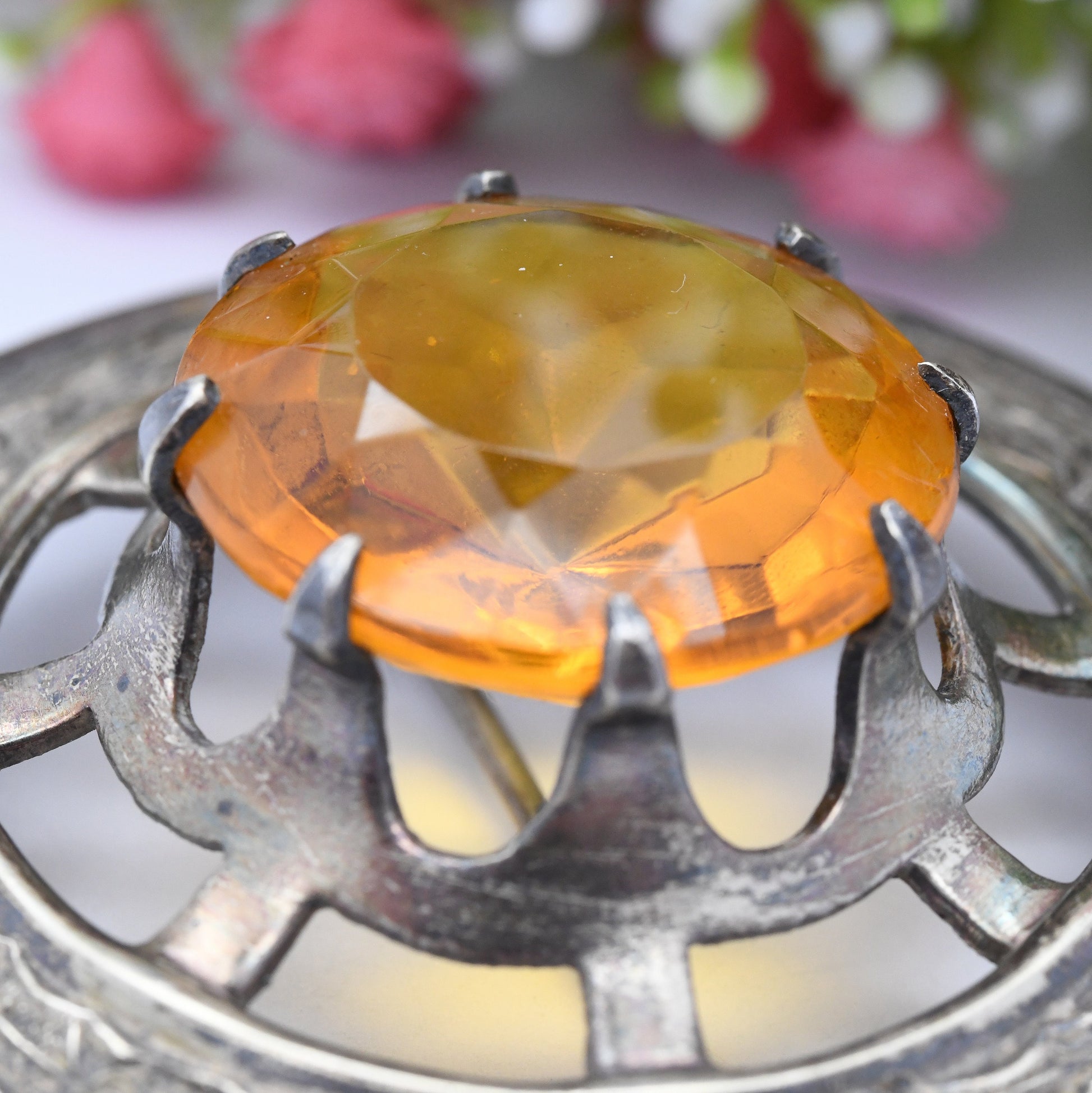 Vintage Scottish Thistle Brooch - Oversized Celtic Circle with Large Citrine Paste | Statement Jewellery | Silver Tone