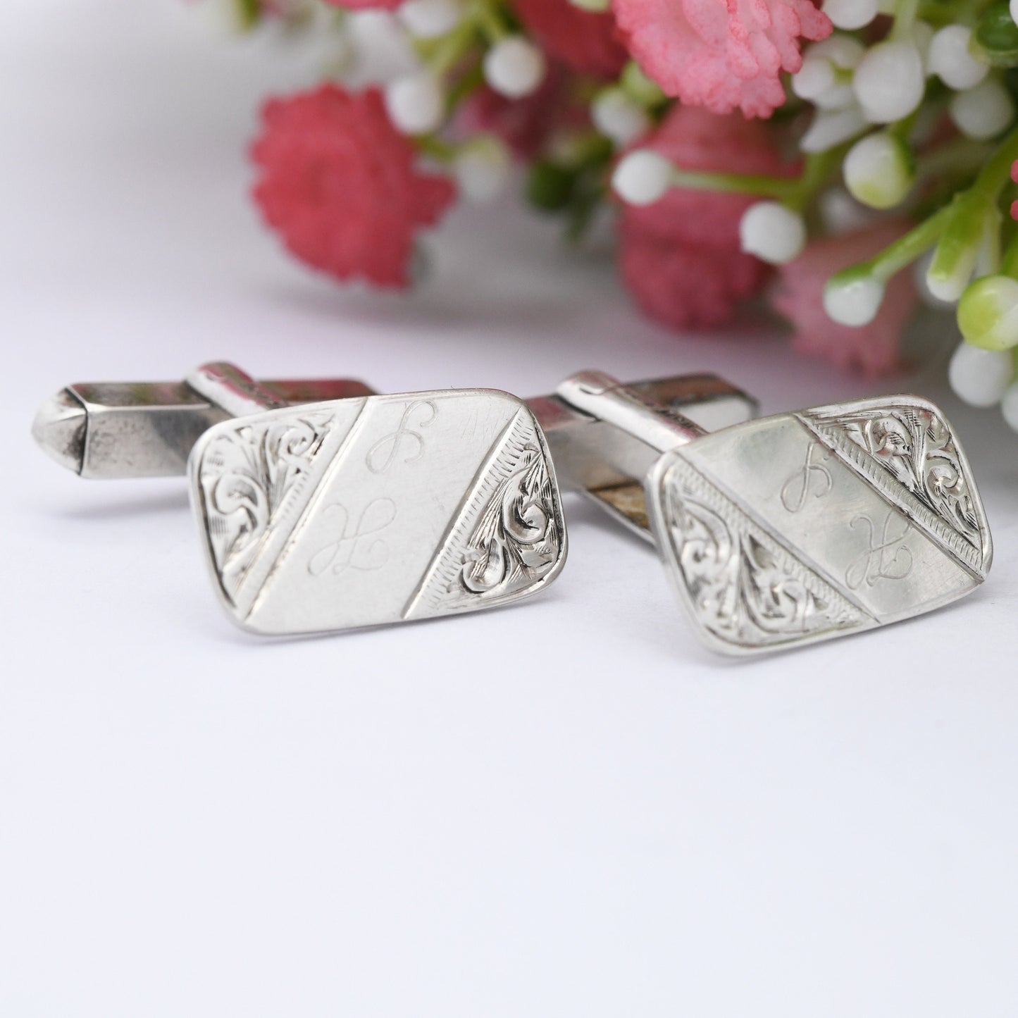 Vintage Sterling Silver Cufflinks with Engraved Scrolling 1984 - Mid-Century Textured Silver | Antique Style