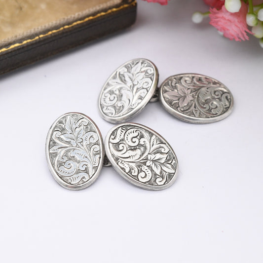 Antique Victorian Sterling Silver Cufflinks 1893 - Victorian Aesthetic Movement Scrolling with Floral Leaf