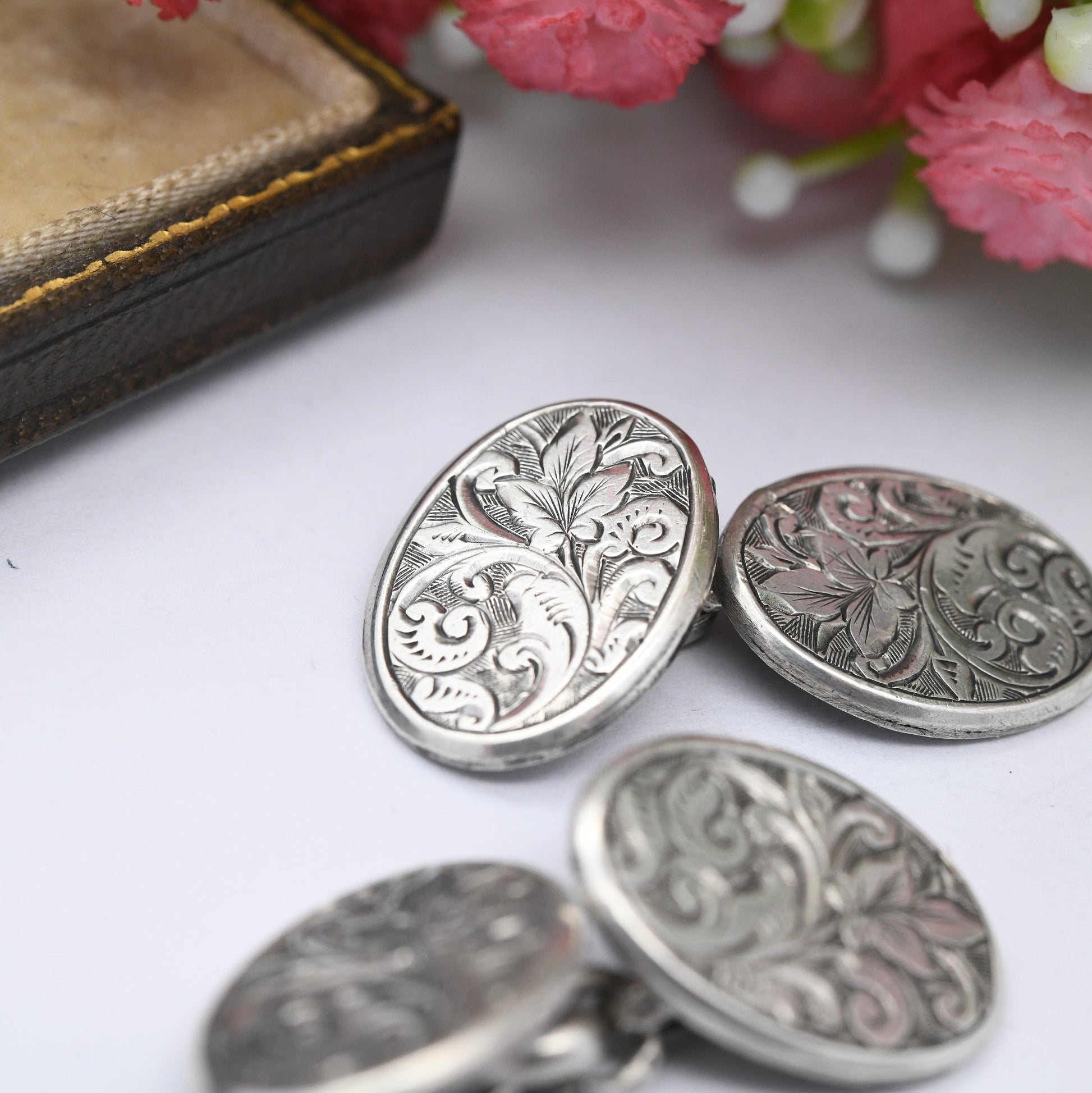 Antique Victorian Sterling Silver Cufflinks 1893 - Victorian Aesthetic Movement Scrolling with Floral Leaf