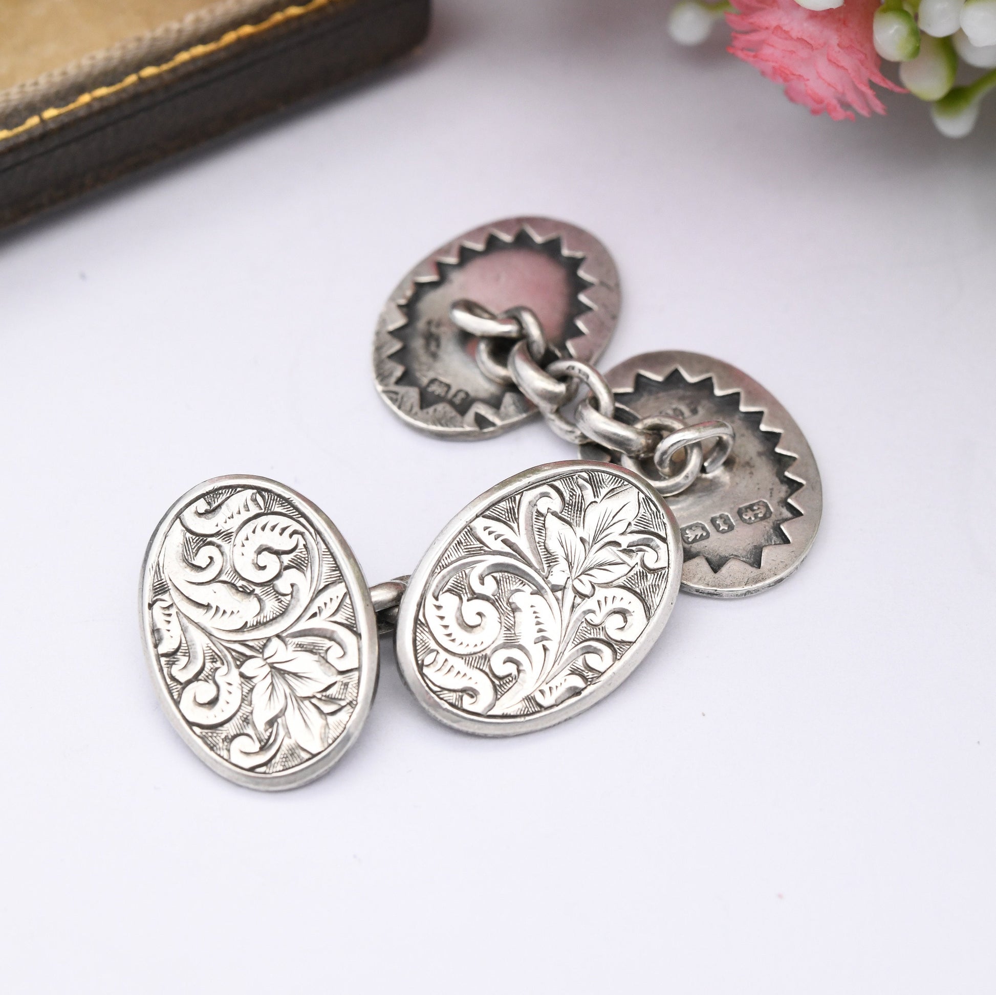 Antique Victorian Sterling Silver Cufflinks 1893 - Victorian Aesthetic Movement Scrolling with Floral Leaf