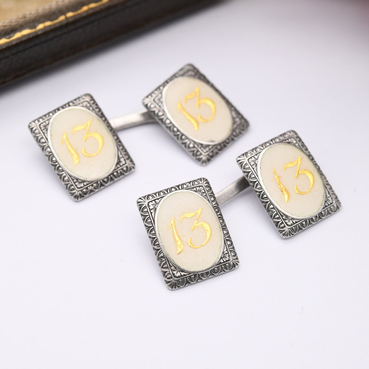 Vintage Silver 13 Cufflinks with Gold Enamel - Lucky Number 13 | Pretty Border