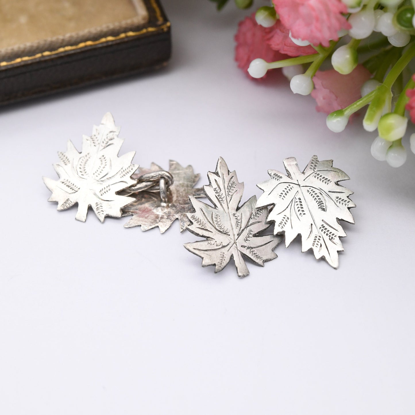 Vintage Sterling Silver Engraved Leaf Cufflinks - Mid-Century Textured Silver Leaves