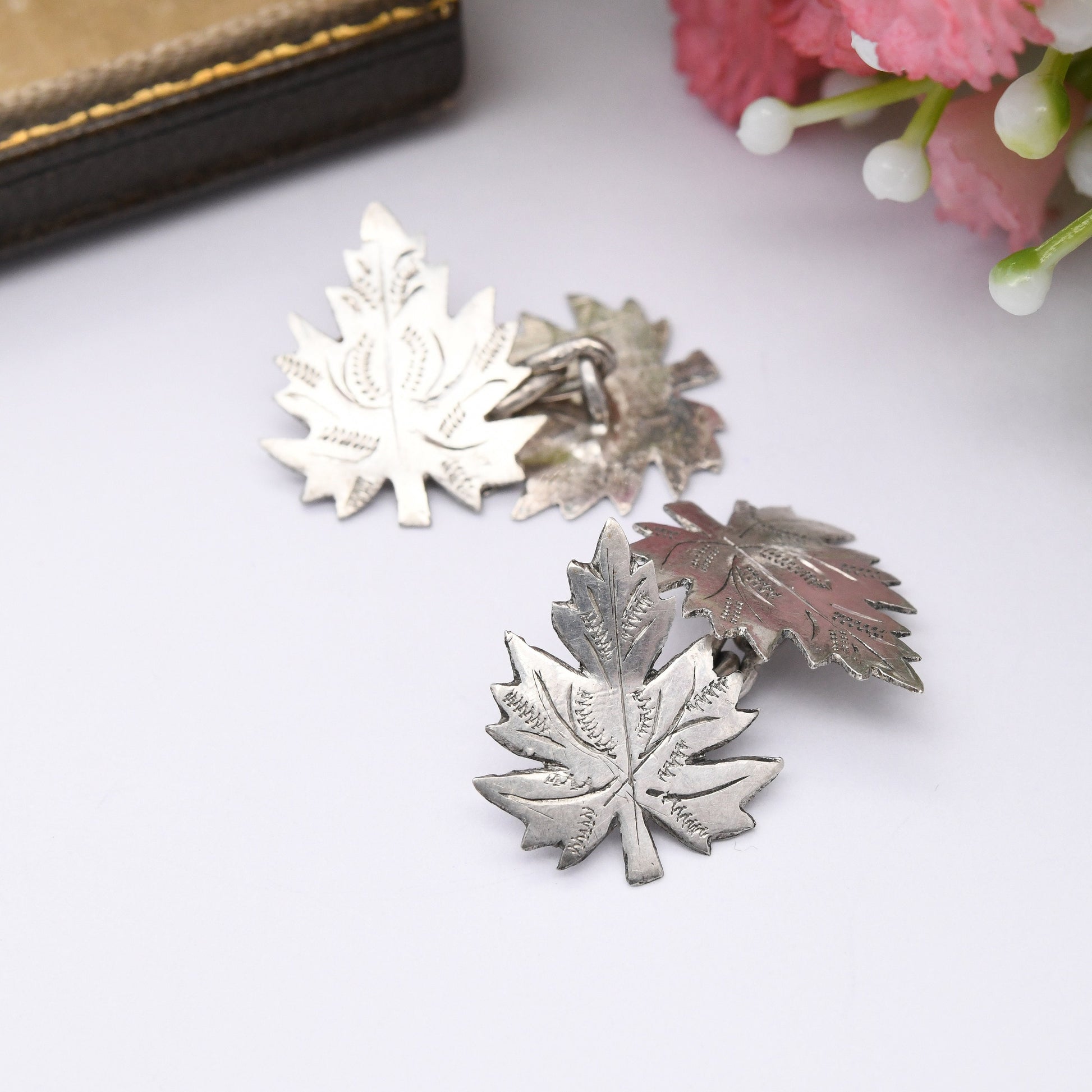 Vintage Sterling Silver Engraved Leaf Cufflinks - Mid-Century Textured Silver Leaves