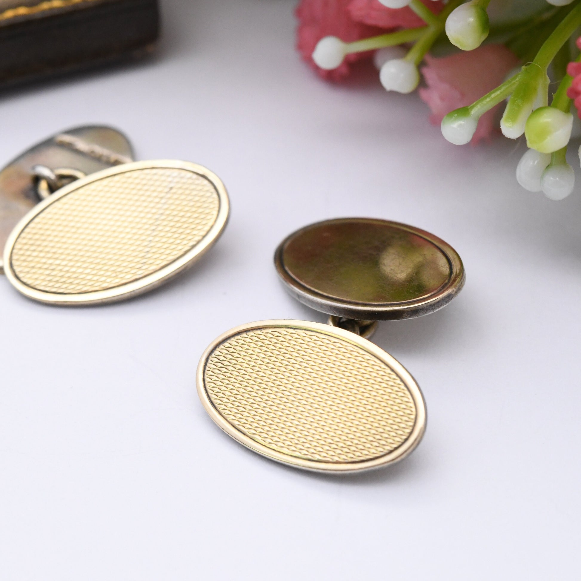 Vintage Gold Plated Sterling Silver Cufflinks - 9ct Gold on Silver | Mid-Century Textured | Oval Shape