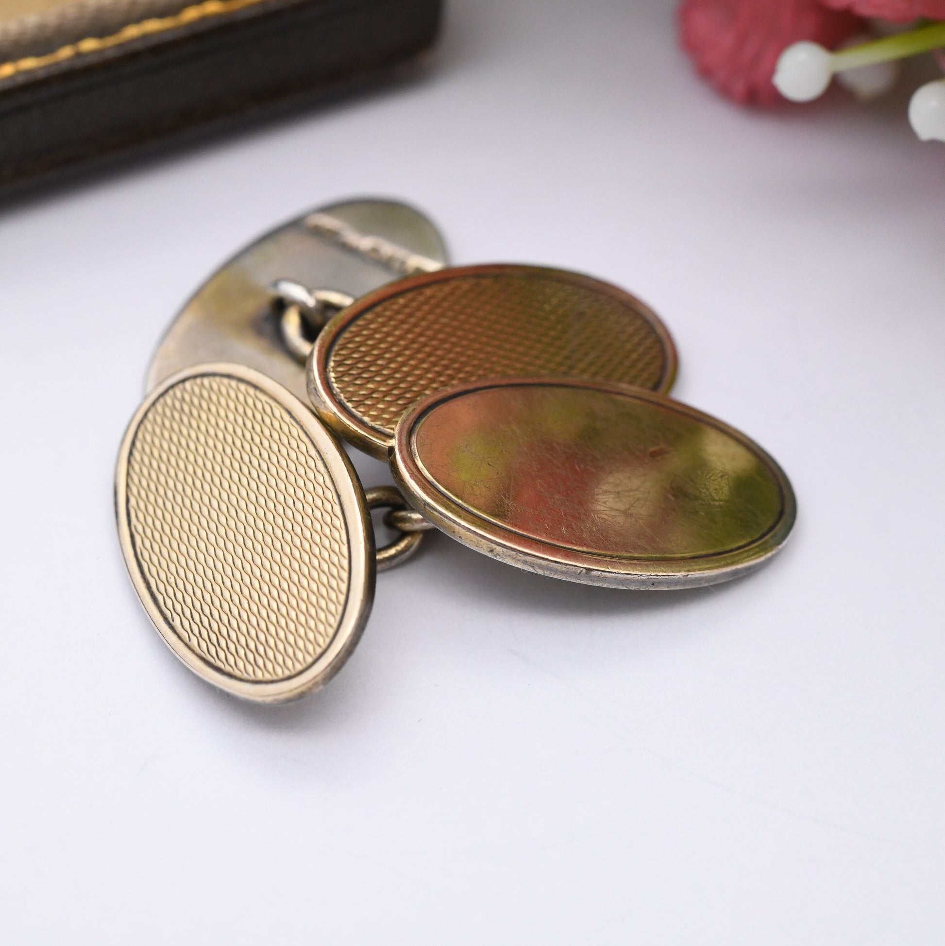 Vintage Gold Plated Sterling Silver Cufflinks - 9ct Gold on Silver | Mid-Century Textured | Oval Shape