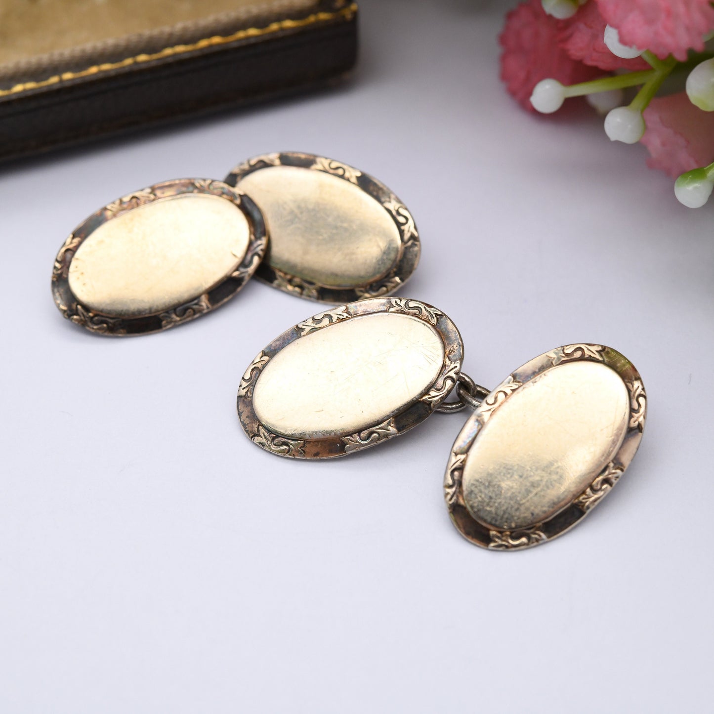 Vintage Gold Plated Sterling Silver Cufflinks - Ornate Oval Border | Antique Victorian Style