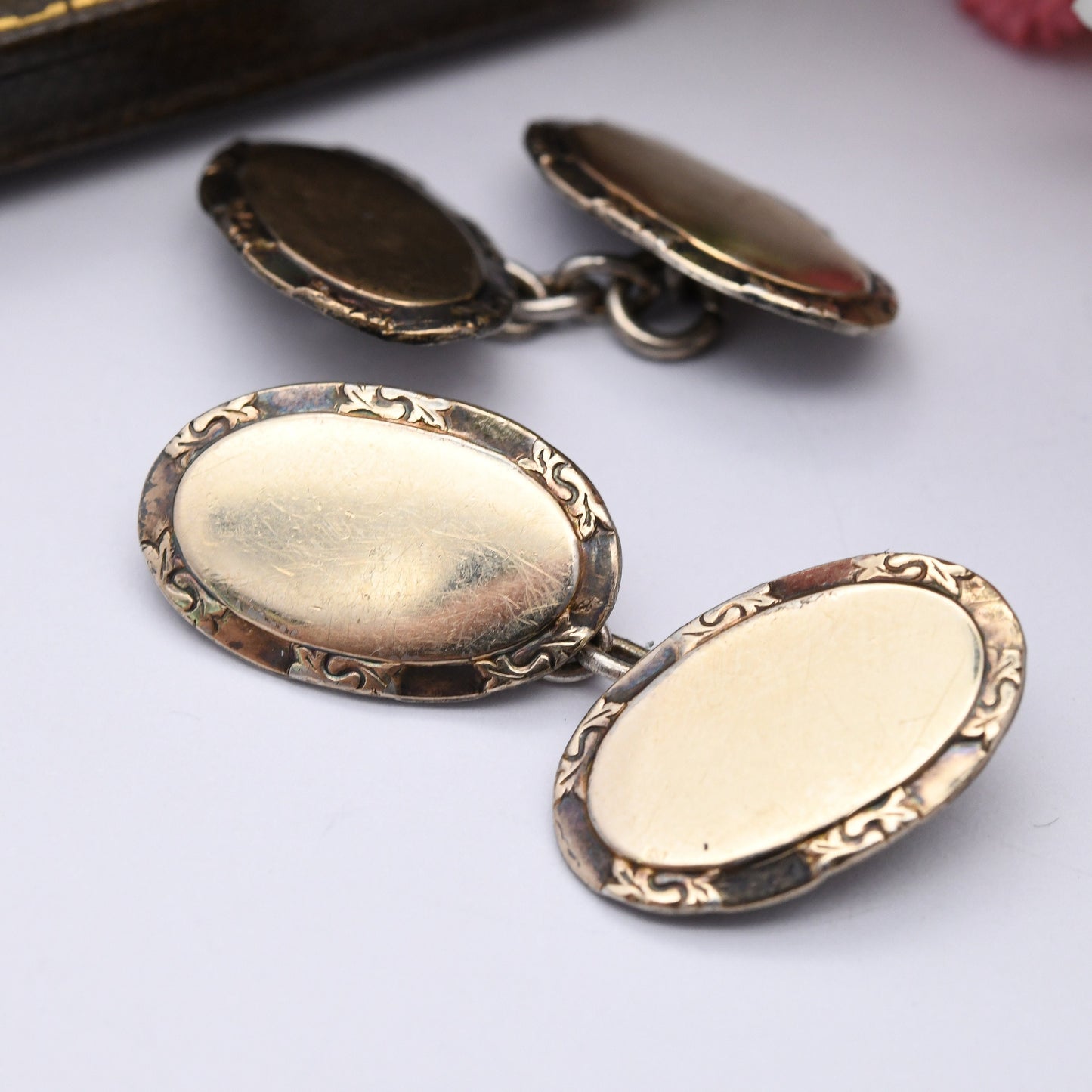 Vintage Gold Plated Sterling Silver Cufflinks - Ornate Oval Border | Antique Victorian Style