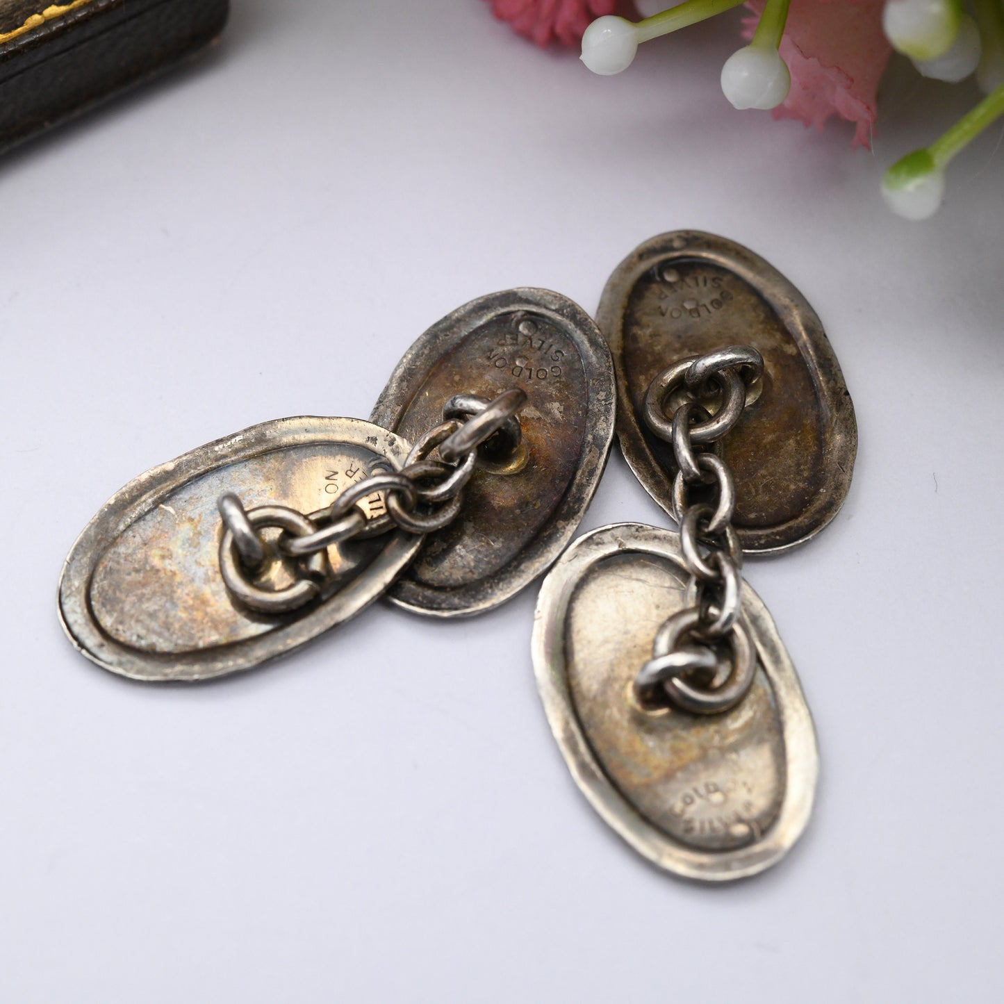 Vintage Gold Plated Sterling Silver Cufflinks - Ornate Oval Border | Antique Victorian Style