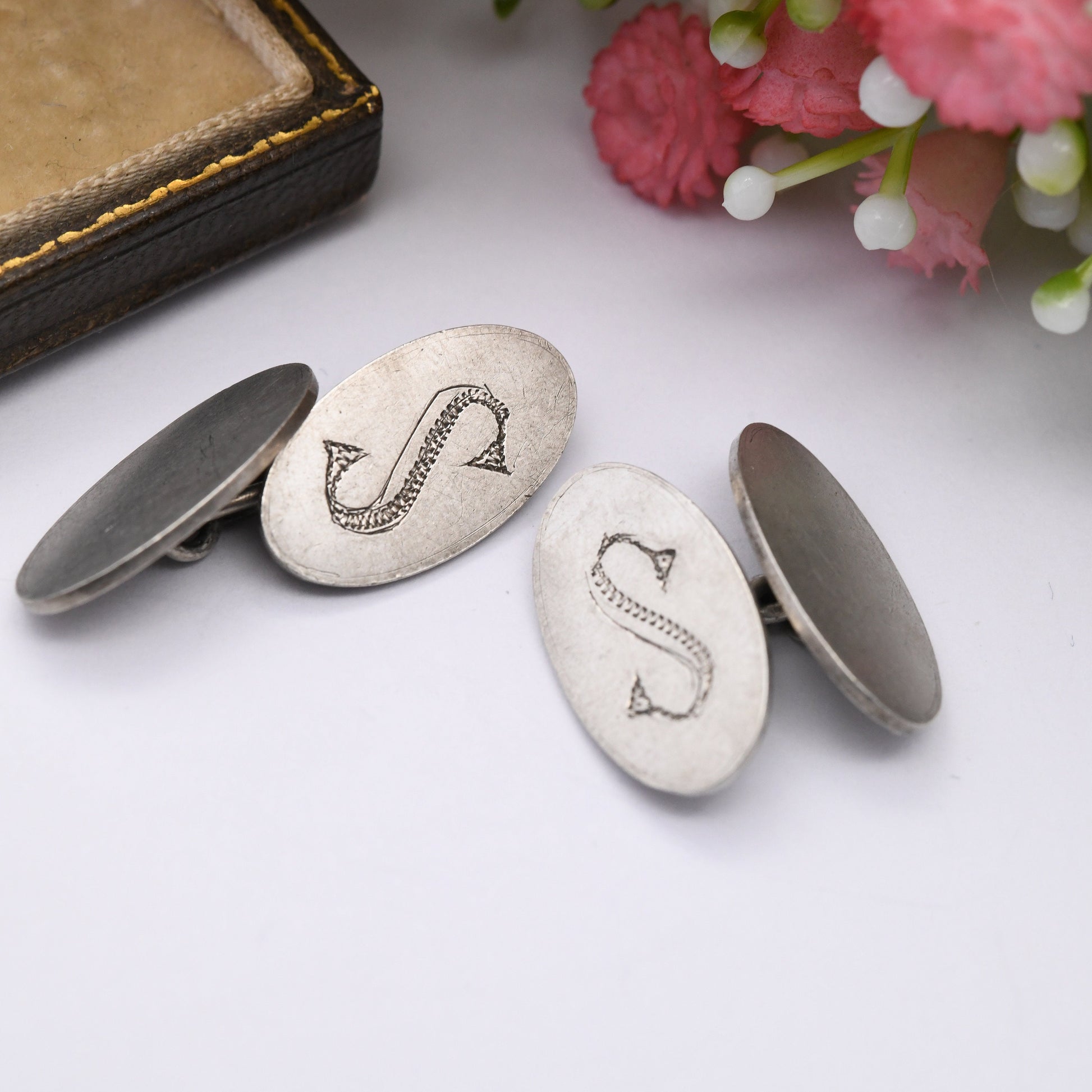 Vintage Sterling Silver Letter S Cufflinks - Hand Engraved S | Mid-Century Minimalist Silver | Gift for Him