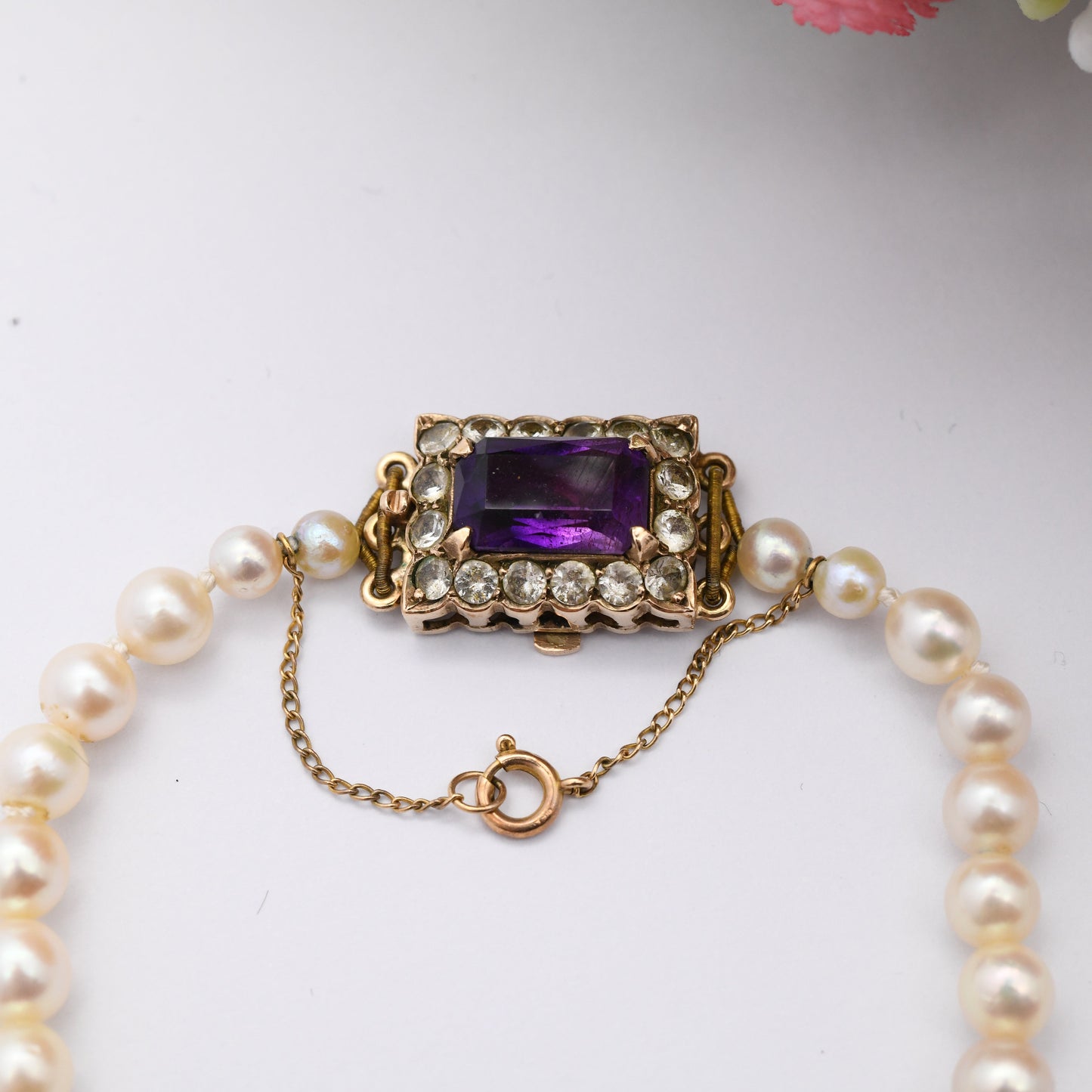 Vintage 9ct Gold Clasp Pearl Necklace in Vintage Ciro Box Receipt - Beautiful Amethyst Crystal Clasp | Length 20" 51cm | Round Cultured Bead