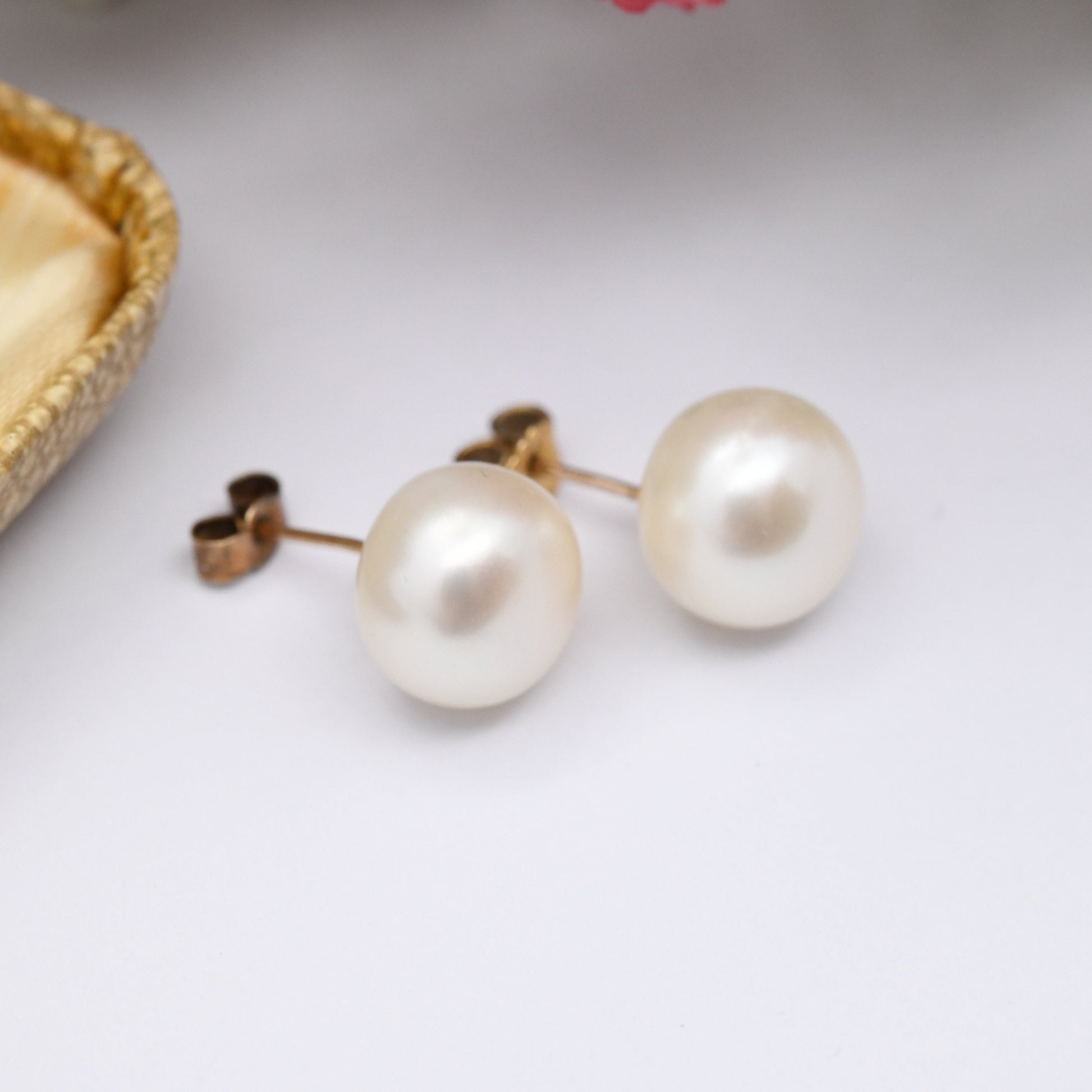 Vintage 10ct Gold Pearl Stud Earrings - Large White Cultured Pearls | Mid-Century Round Ball Earrings