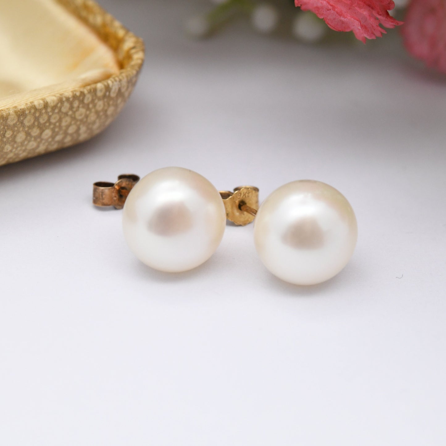 Vintage 10ct Gold Pearl Stud Earrings - Large White Cultured Pearls | Mid-Century Round Ball Earrings