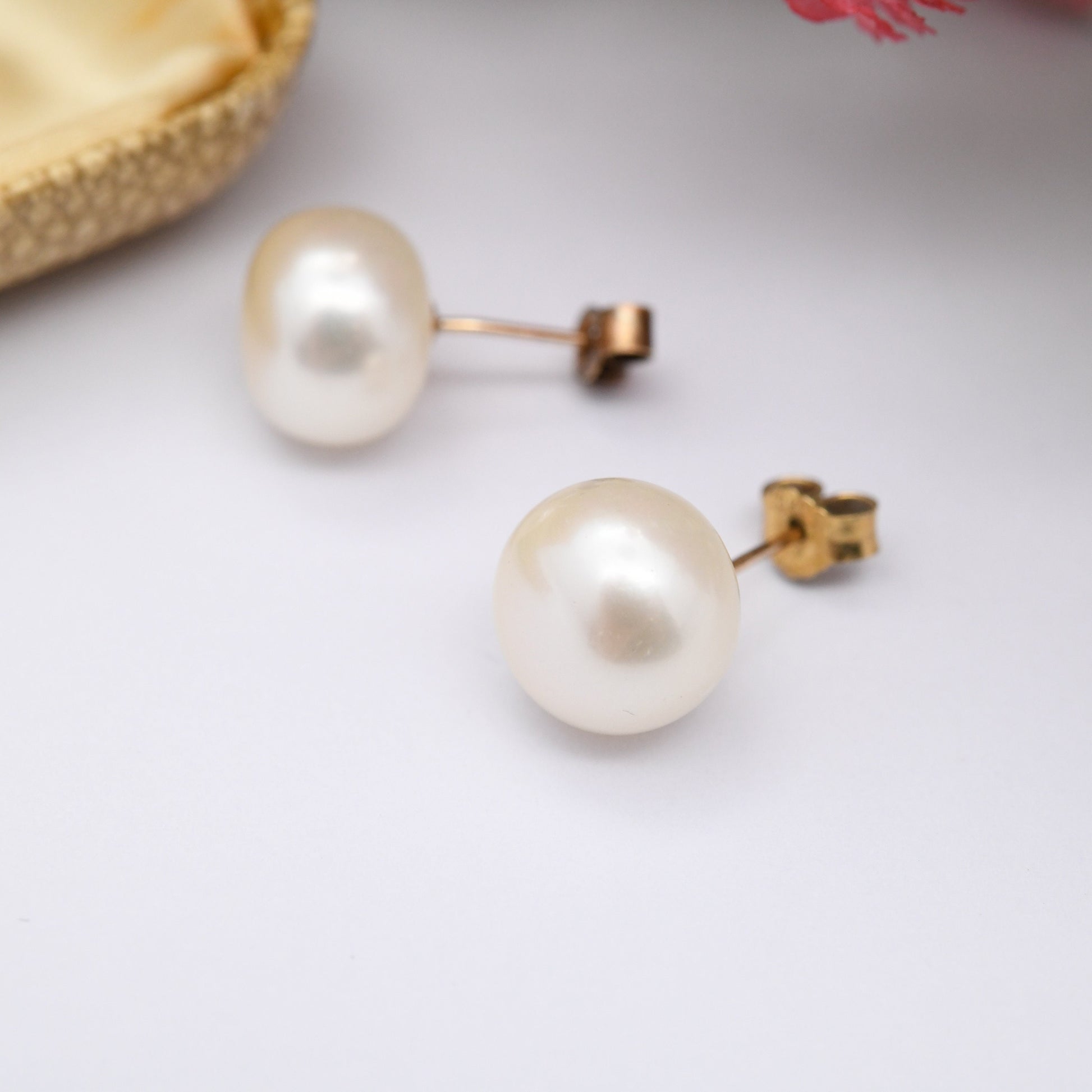 Vintage 10ct Gold Pearl Stud Earrings - Large White Cultured Pearls | Mid-Century Round Ball Earrings