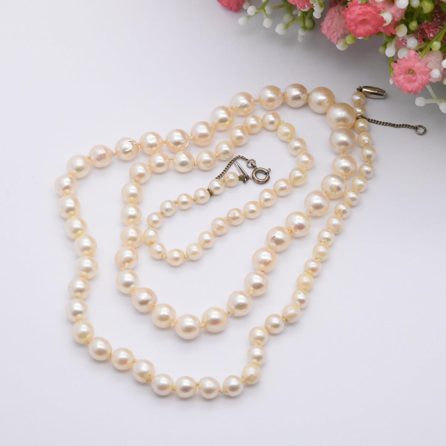 Vintage Ciro 9ct White Gold Clasp Pearl Necklace - Graduated Round Cultured Pearl Beads | Long Length 26" 66cm