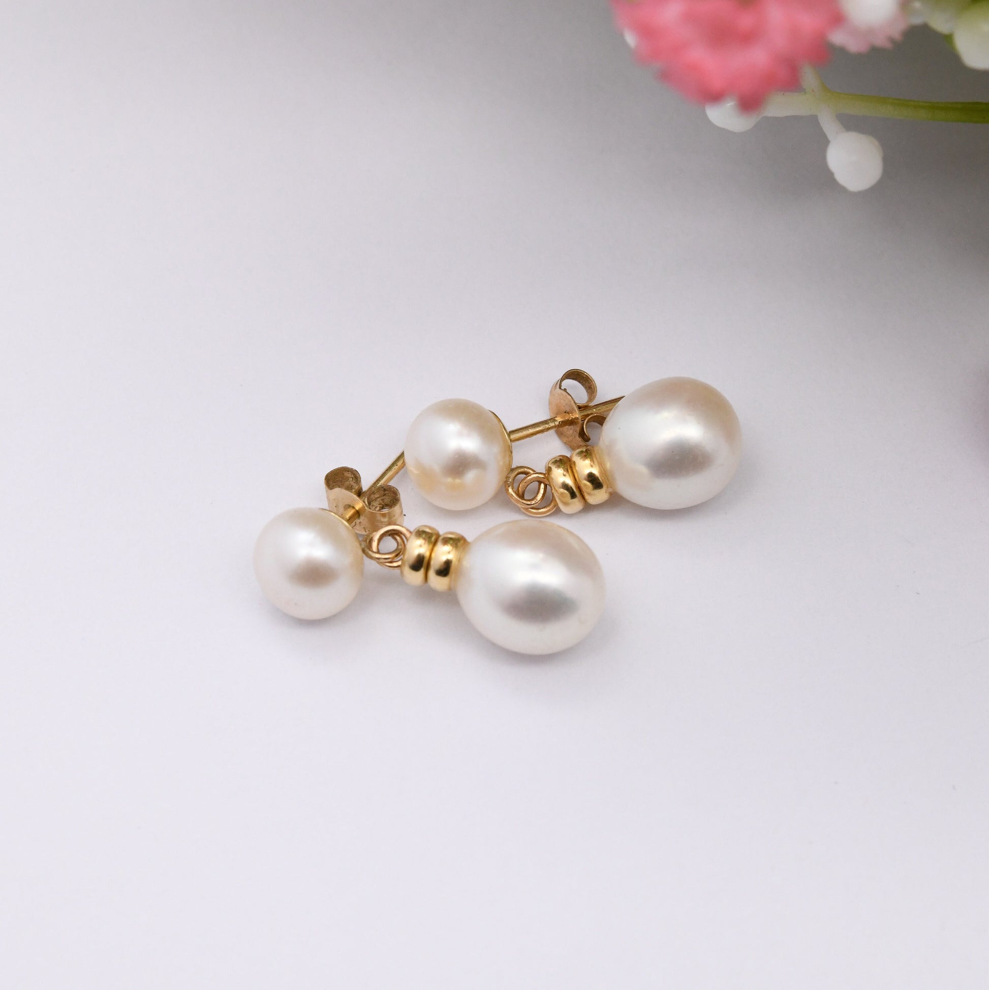 Vintage 14ct Gold Pearl Drop Earrings by Honora - White Cultured Pearls |Two Cultured Pearl Drops