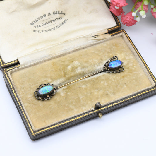 Vintage Opal Stick Pin Blue Opal Cap - Double Ended Lapel Tie Pin | Opal Doublet | Ornate Antique Style