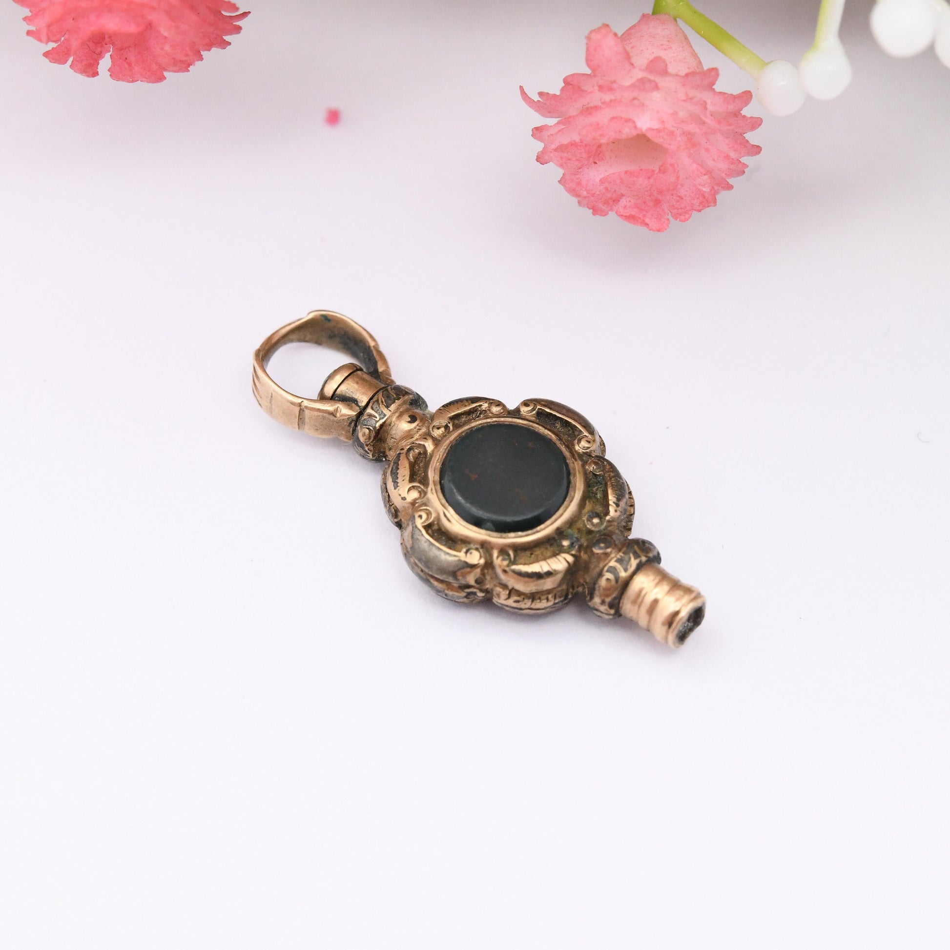 Antique Victorian Rolled Gold Onyx and Bloodstone Pocket Watch Key Spinning Fob Pendant - Unusual Charm | Intricate Design with Gemstones