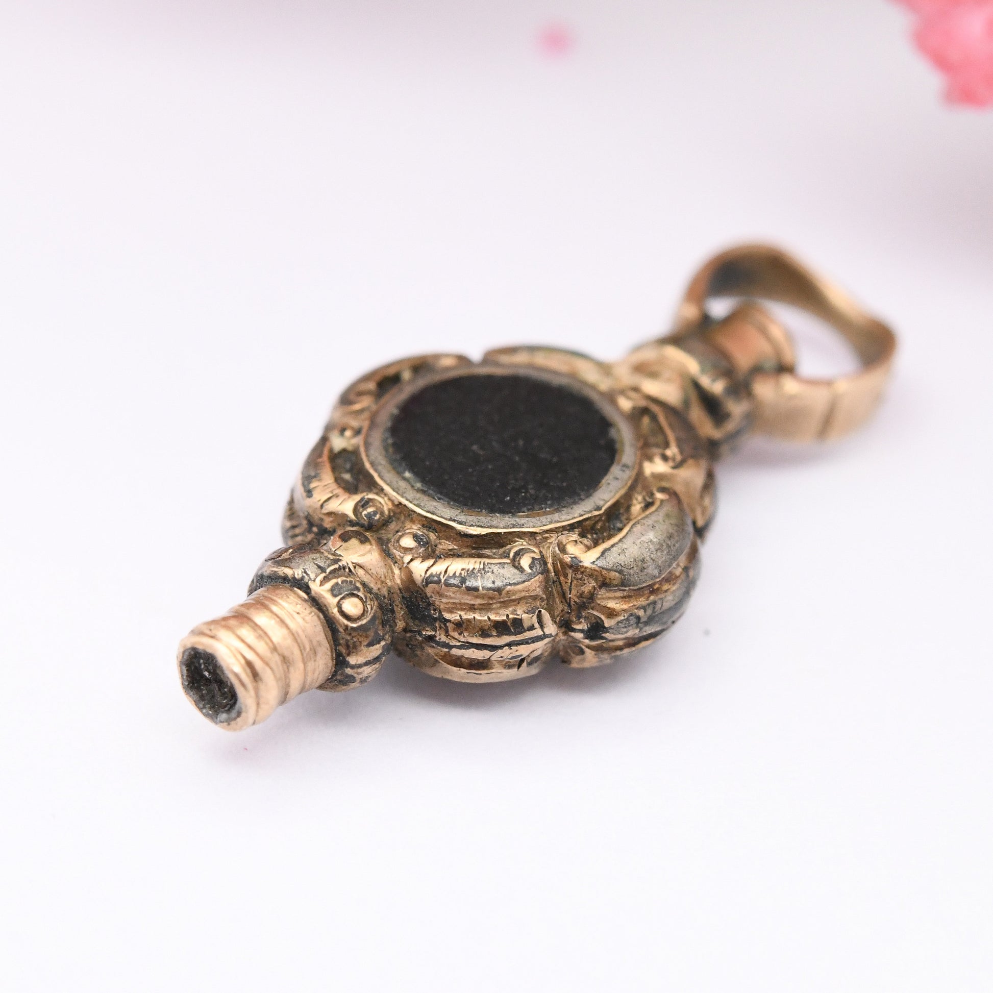 Antique Victorian Rolled Gold Onyx and Bloodstone Pocket Watch Key Spinning Fob Pendant - Unusual Charm | Intricate Design with Gemstones