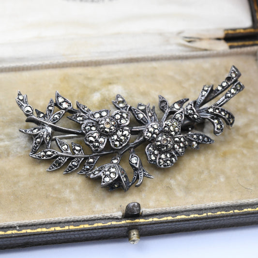 Vintage Sterling Silver Marcasite Flower Leaf Brooch DHP DH Phillips - Sparkly Statement Pin