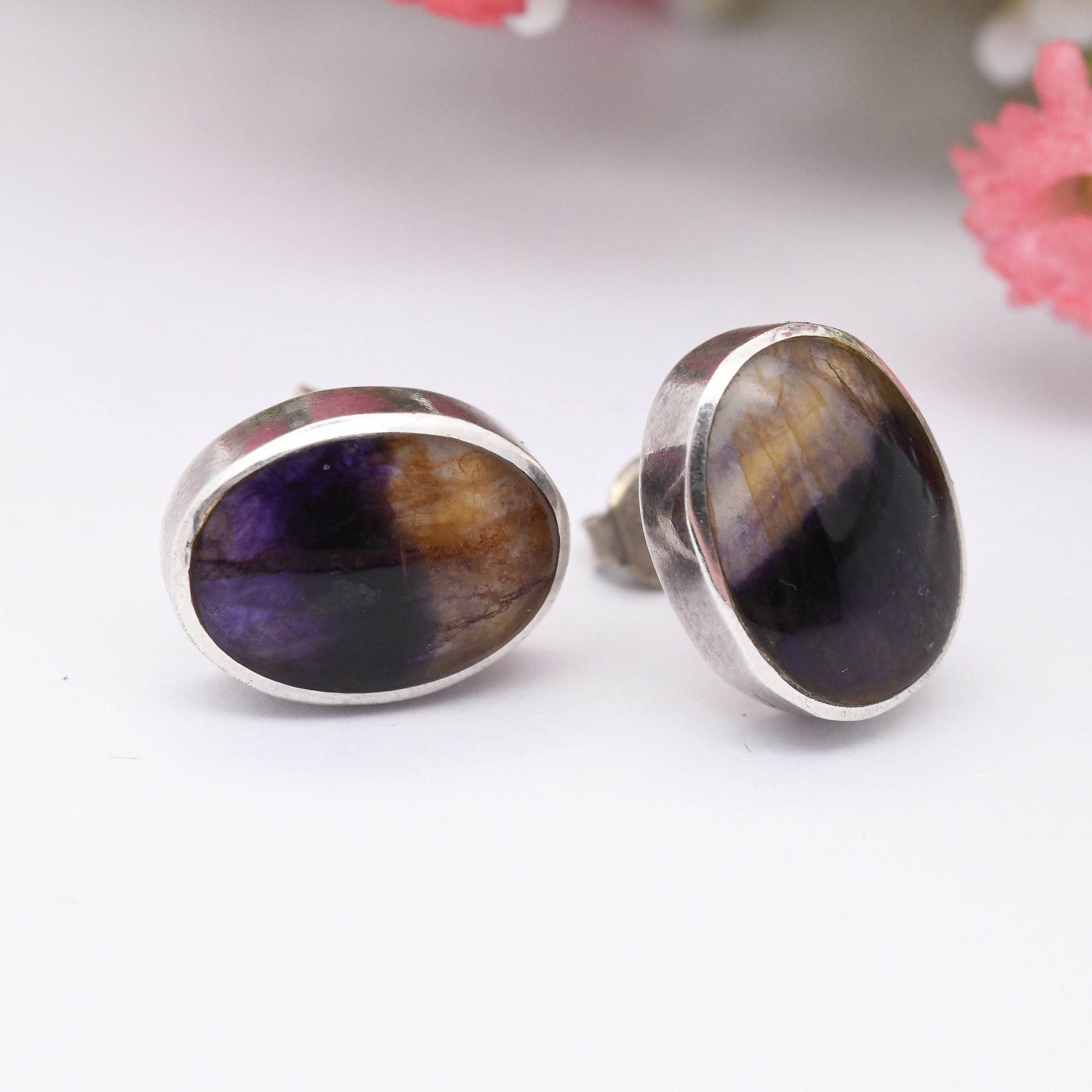 Vintage Sterling Silver Blue John Stud Earrings - Large Chunky Studs | Oval Purple Gemstones